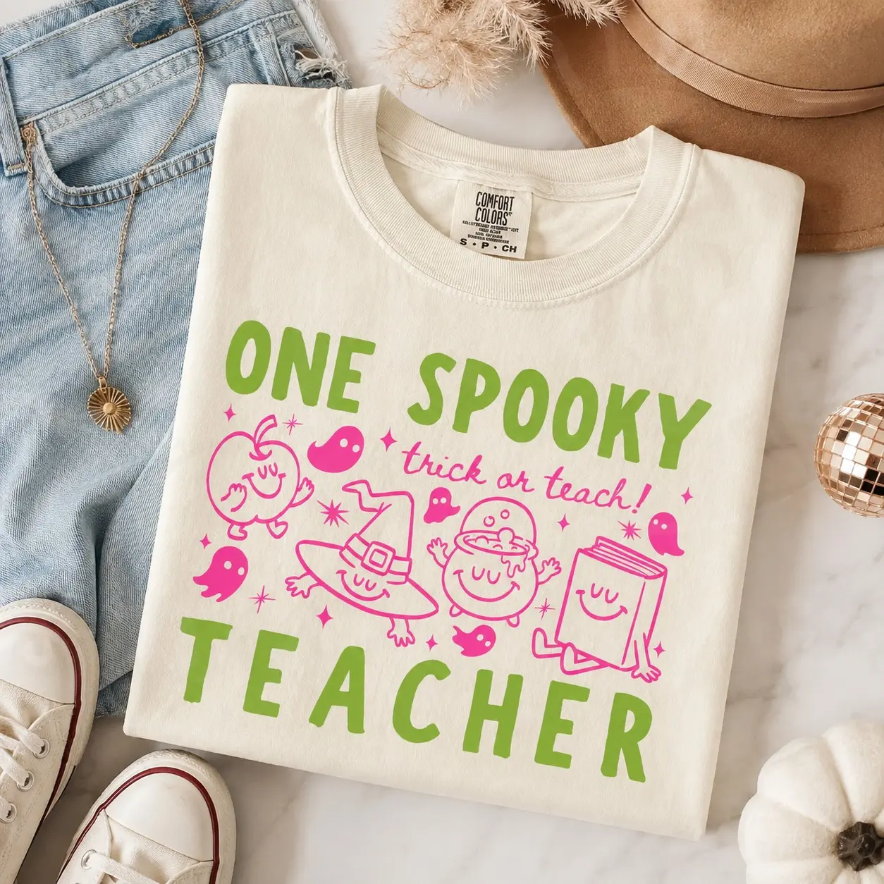 Comfort Colors One Spooky Teacher T-Shirt, Cute Trick Or Teach Halloween Graphic Tee, Back To School Gift - photo 3