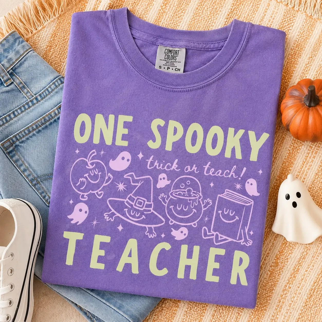 Comfort Colors One Spooky Teacher T-Shirt, Cute Trick Or Teach Halloween Graphic Tee, Back To School Gift - photo 4