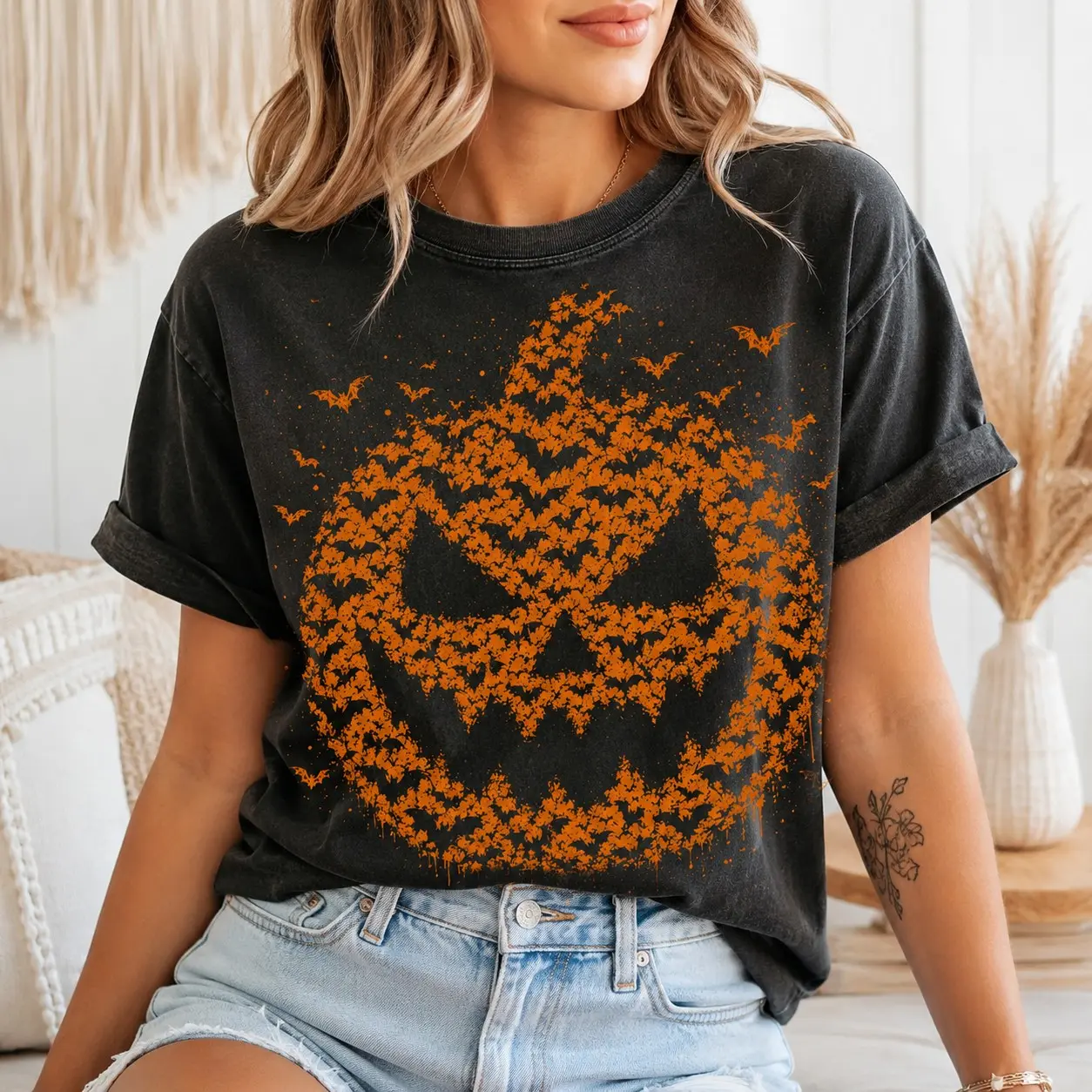 Comfort Colors Orange Bat Pumpkin Face Shirt, Spooky Jack O Lantern Halloween Party Fall Friend Gift
