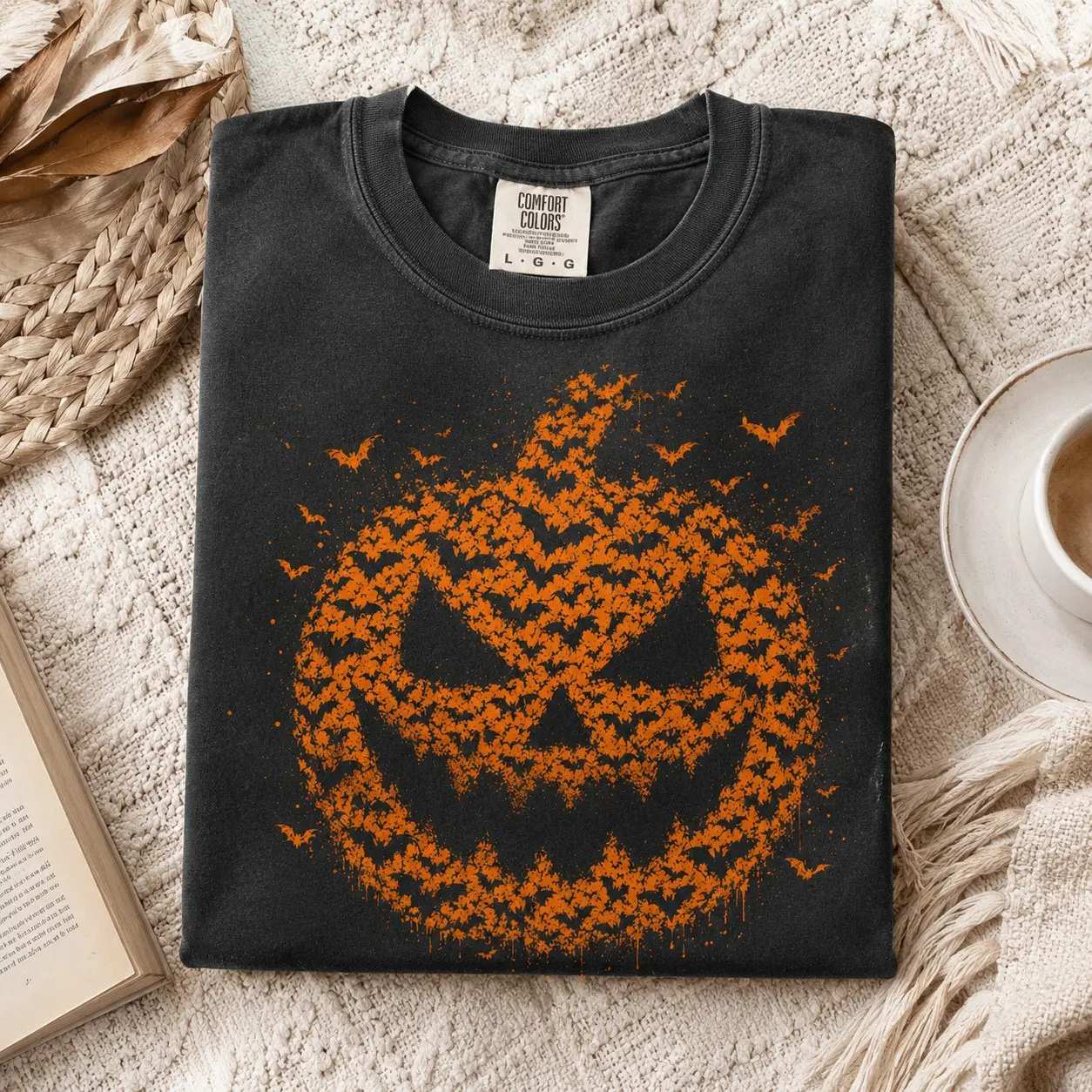 Comfort Colors Orange Bat Pumpkin Face Shirt, Spooky Jack O Lantern Halloween Party Fall Friend Gift - photo 2