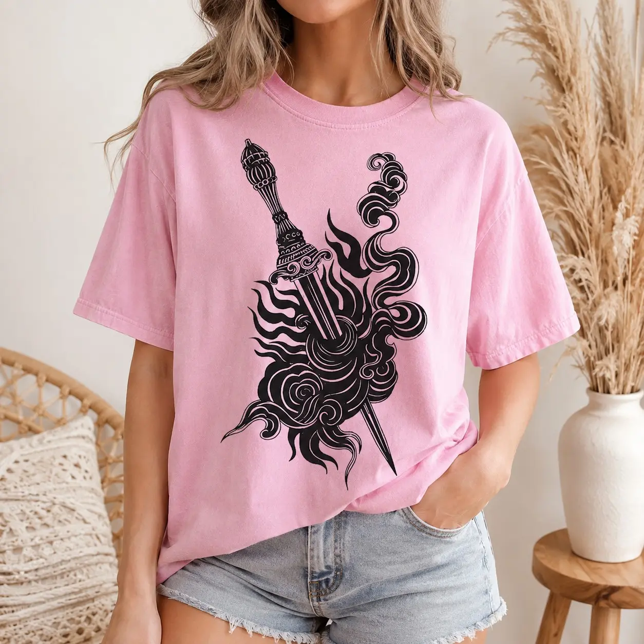 Comfort Colors Ornate Dagger Flames Smoke Shirt, Witchy Dark Tattoo Vintage Autumn Comic Con Gift For Women