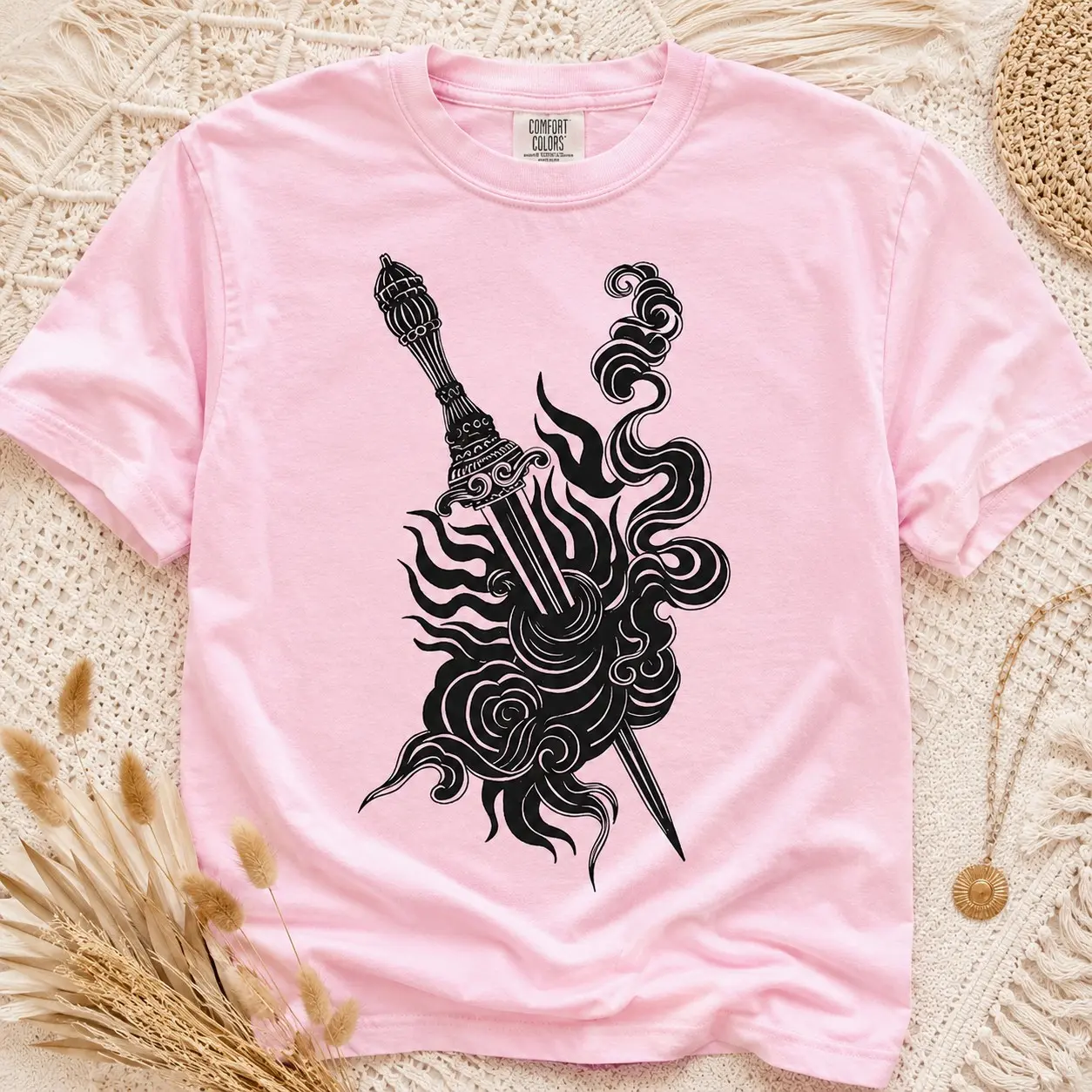 Comfort Colors Ornate Dagger Flames Smoke Shirt, Witchy Dark Tattoo Vintage Autumn Comic Con Gift For Women - photo 2