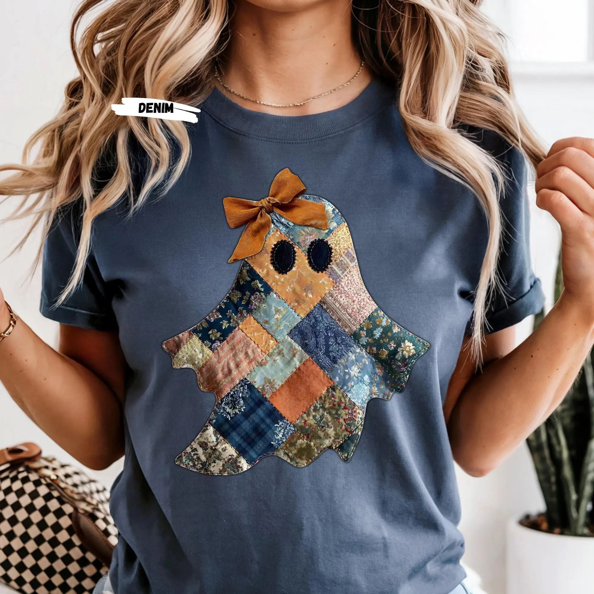 Comfort Colors Patchwork Ghost Shirt: Retro Halloween Tee