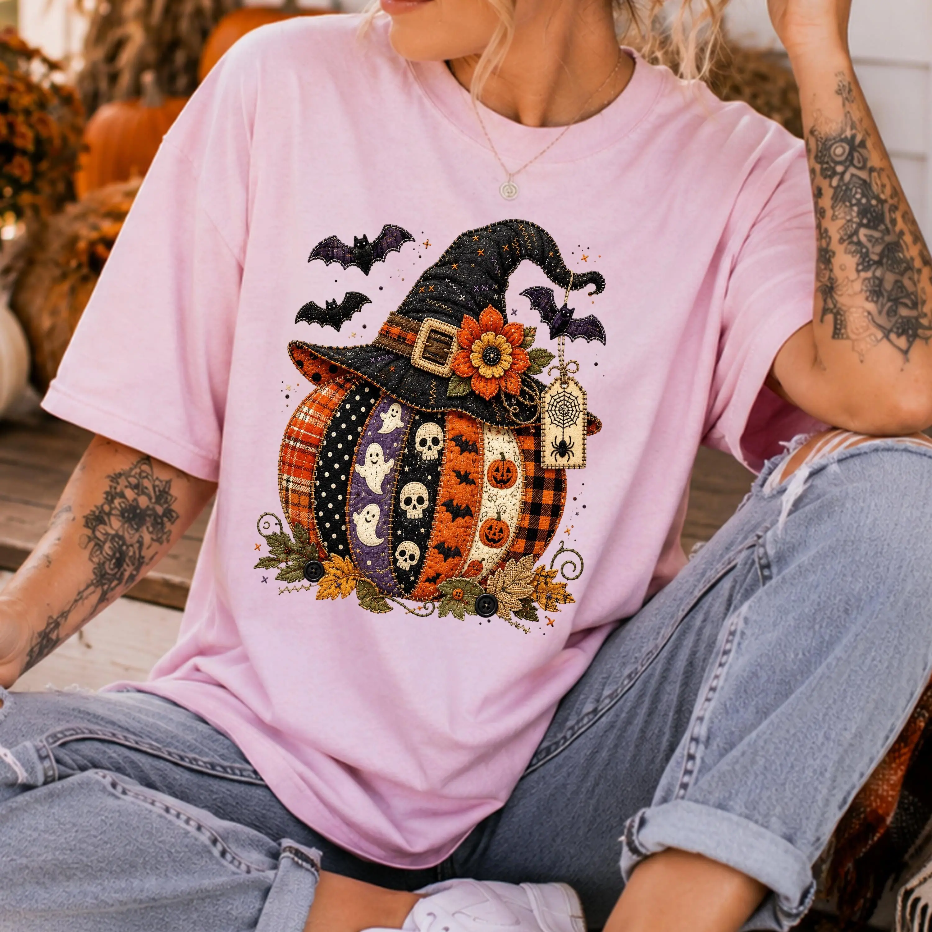 Comfort Colors Patchwork Pumpkin Halloween Shirt, Cute Spooky Witch Hat Graphic Tee - photo 3