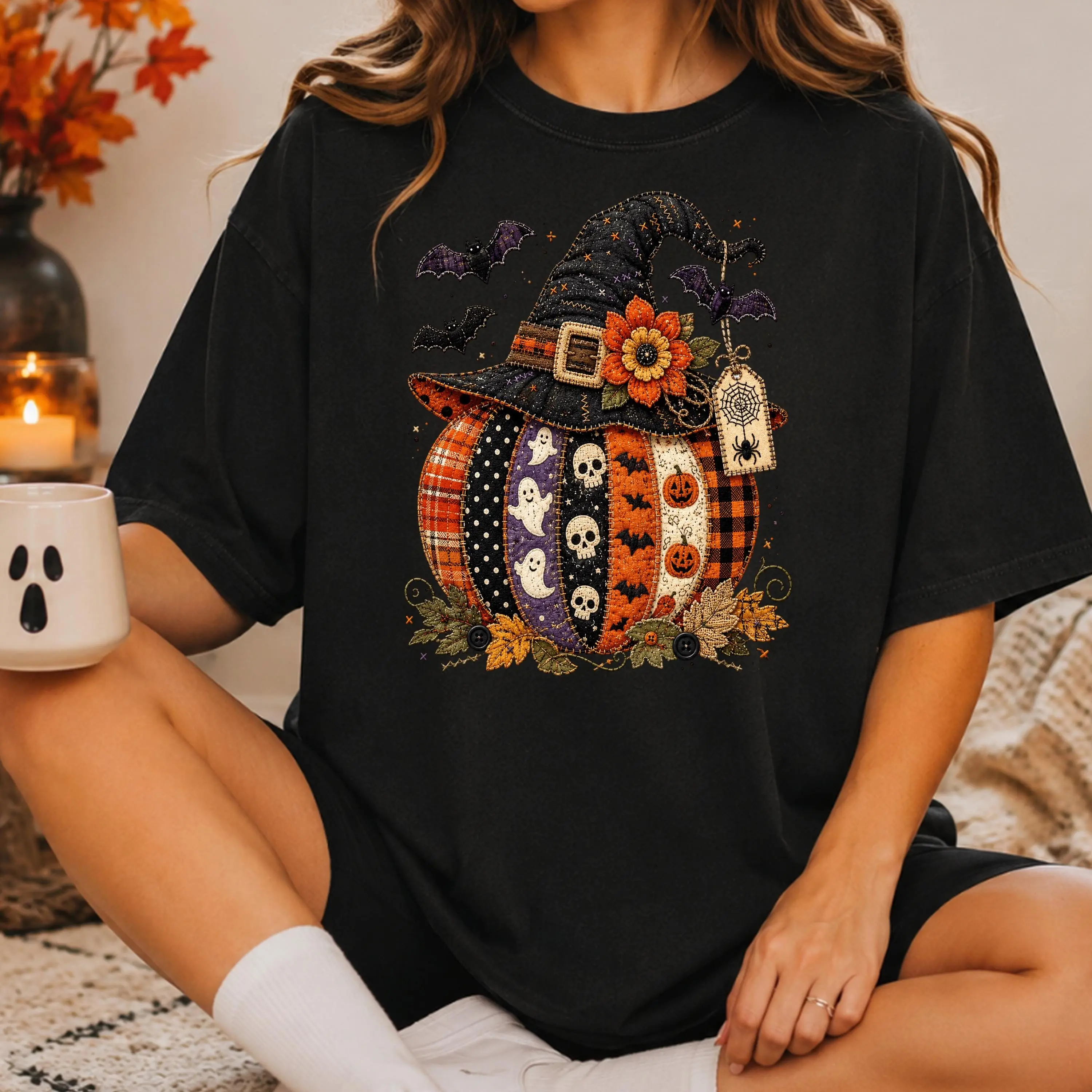 Comfort Colors Patchwork Pumpkin Halloween Shirt, Cute Spooky Witch Hat Graphic Tee - photo 4