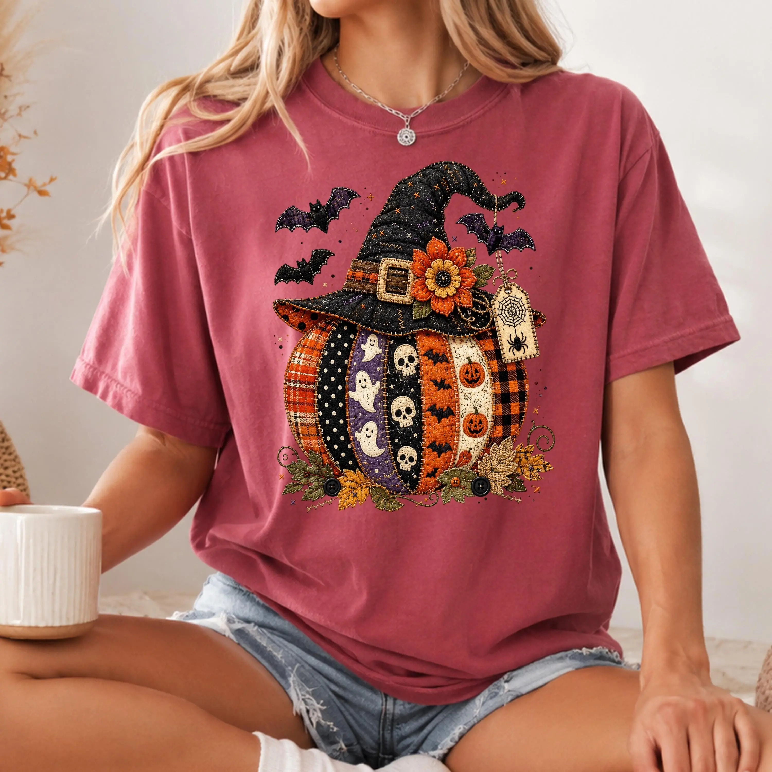 Comfort Colors Patchwork Pumpkin Halloween Shirt, Cute Spooky Witch Hat Graphic Tee - photo 5