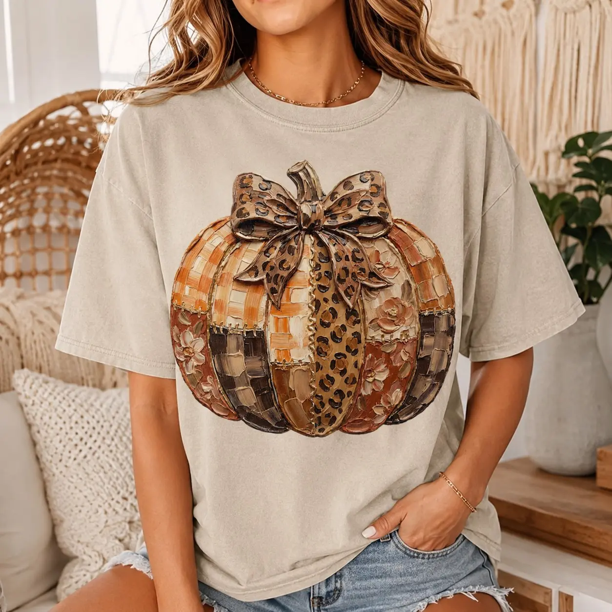 Comfort Colors Patchwork Pumpkin Leopard Bow Shirt, Vintage Autumn Festival Tee, Rustic Cottagecore Fall Gift for Her