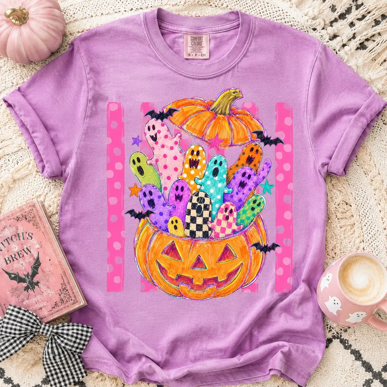 Comfort Colors Patterned Ghosts Overflowing Pumpkin Ladies Shirts for Women Halloween Gathering