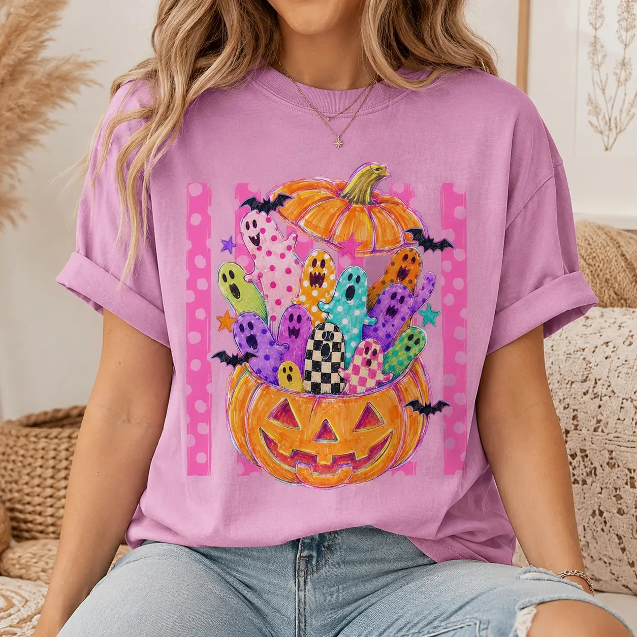Comfort Colors Patterned Ghosts Overflowing Pumpkin Ladies Shirts for Women Halloween Gathering - photo 2