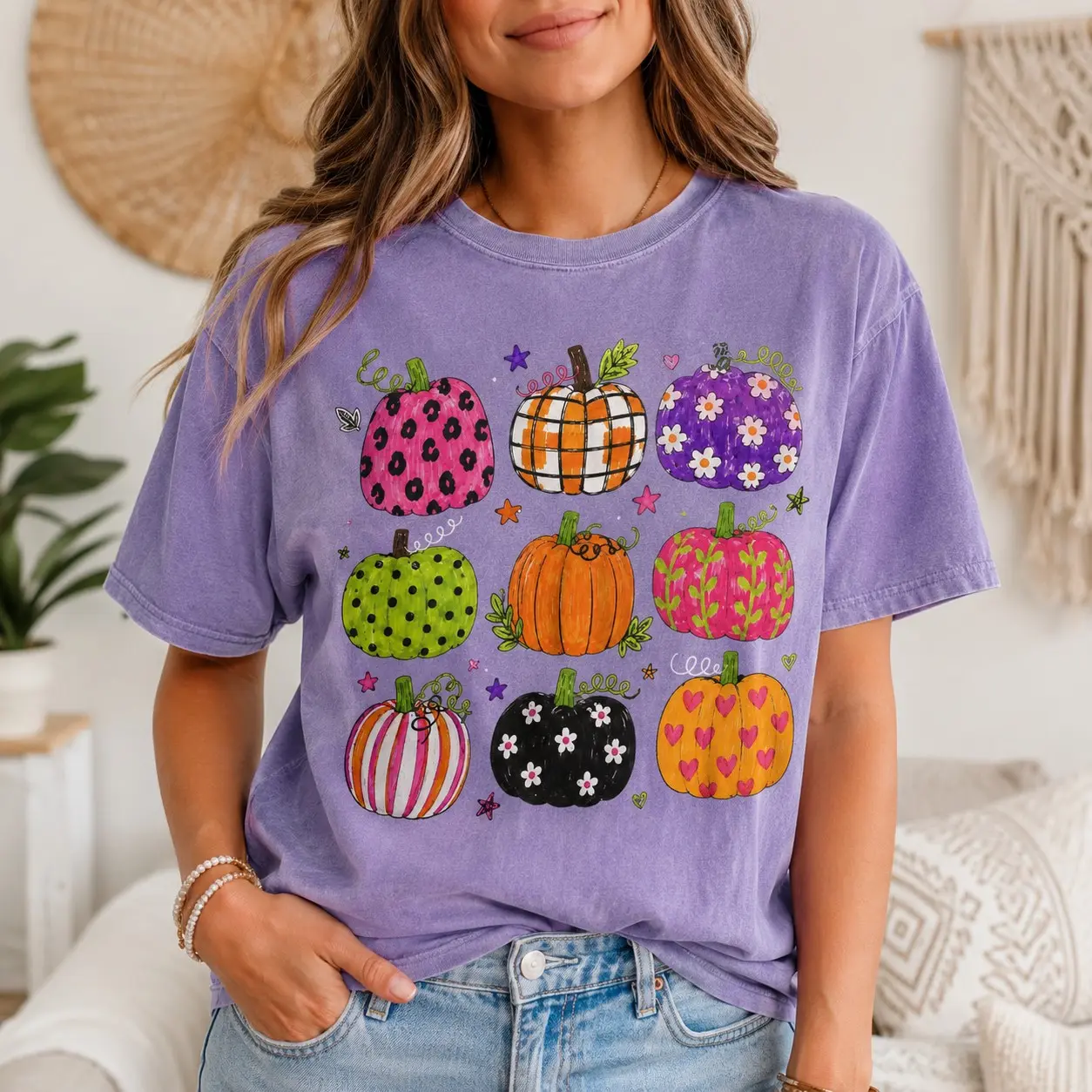 Comfort Colors Patterned Halloween Pumpkins Leopard Plaid Shirts for Women Fall Festival - photo 1