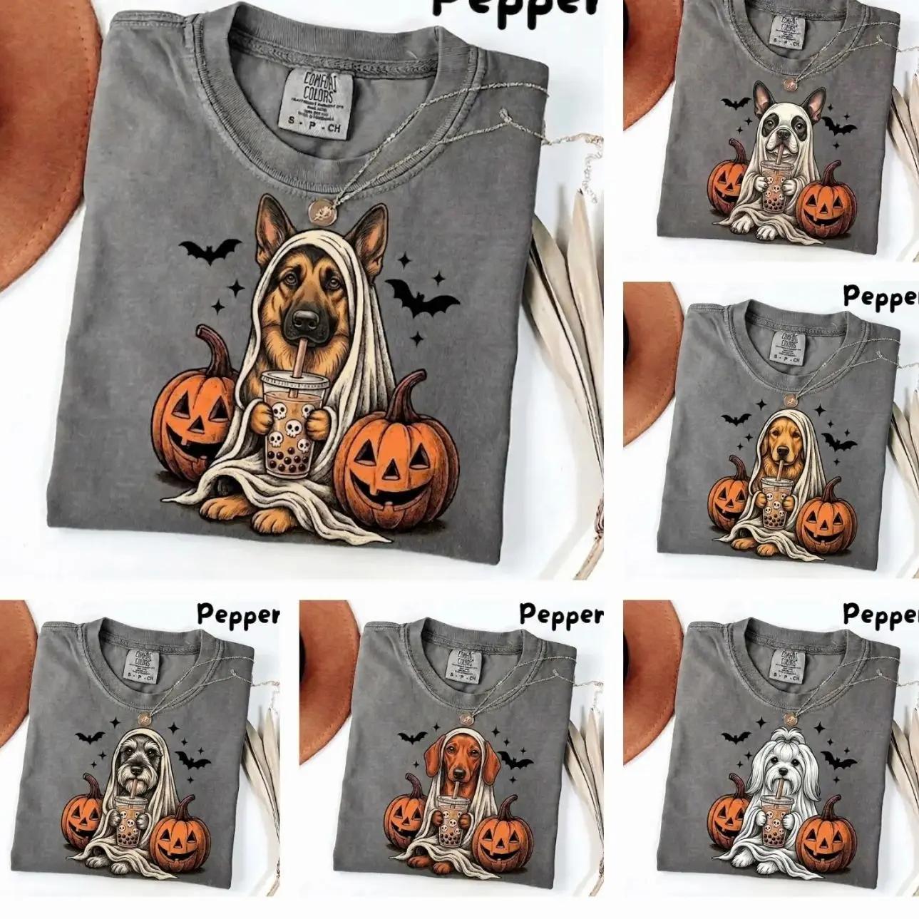 Comfort Colors Custom Dog Breed Ghost and Boba Tea Halloween Shirt, Funny Tee for Dog Lovers
