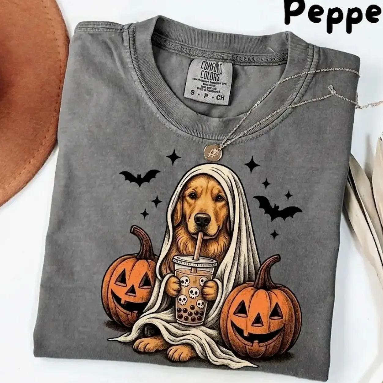 Comfort Colors Custom Dog Breed Ghost and Boba Tea Halloween Shirt, Funny Tee for Dog Lovers - photo 2