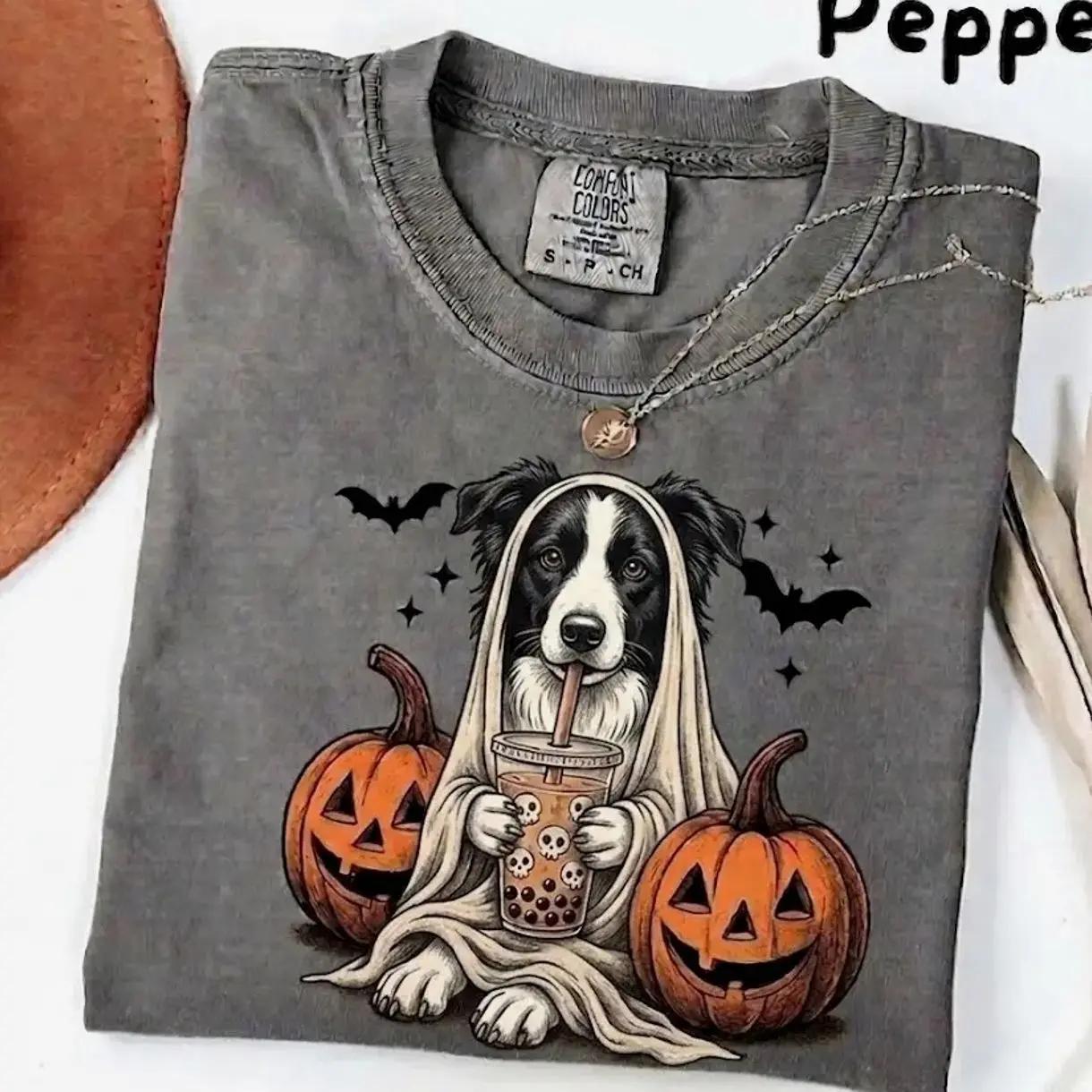 Comfort Colors Custom Dog Breed Ghost and Boba Tea Halloween Shirt, Funny Tee for Dog Lovers - photo 3