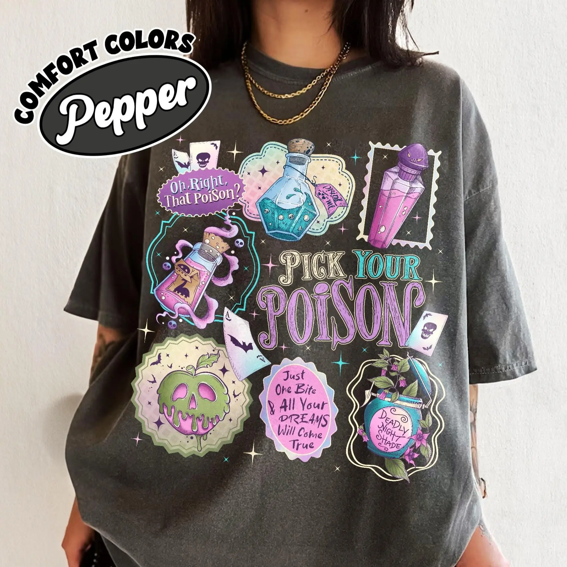 Comfort Colors Pick Your Poison Stamps Shirt, Kuzco Apple Halloween Tee, Vintage Princess Villains Fall Top - photo 1