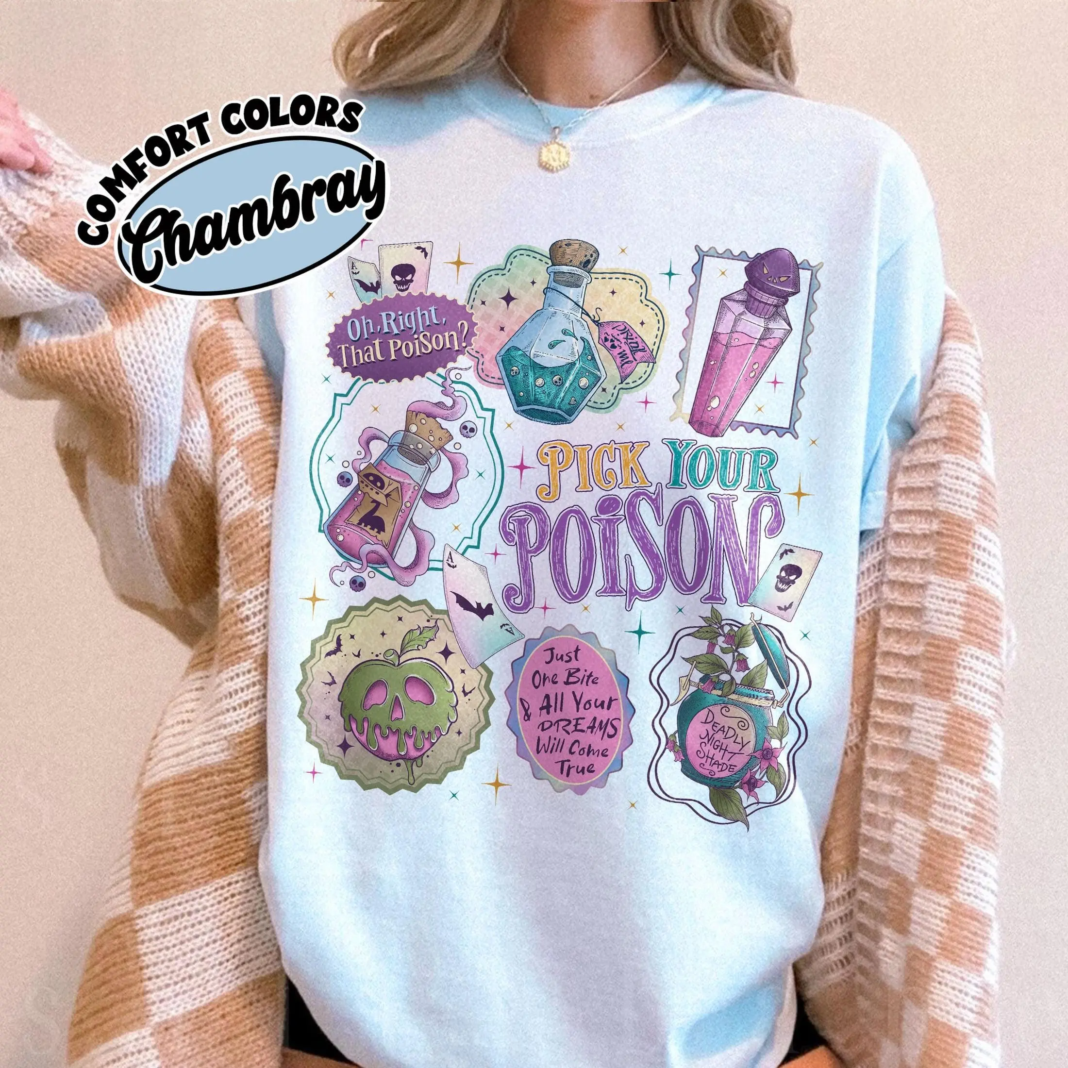 Comfort Colors Pick Your Poison Stamps Shirt, Kuzco Apple Halloween Tee, Vintage Princess Villains Fall Top - photo 2