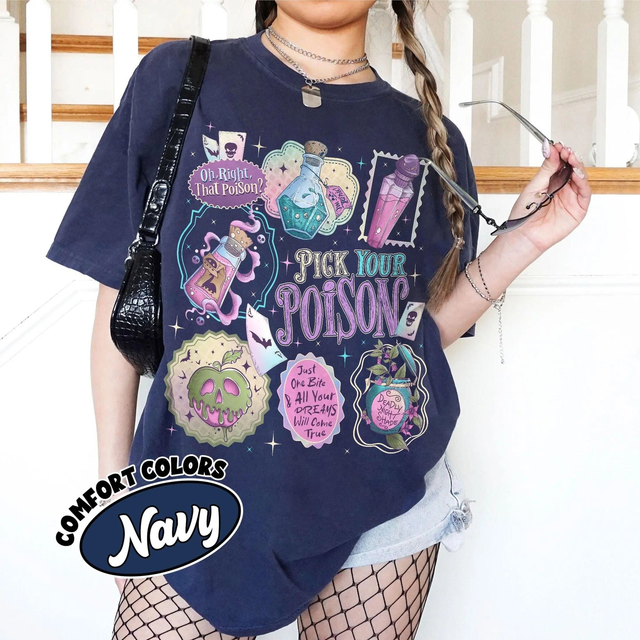 Comfort Colors Pick Your Poison Stamps Shirt, Kuzco Apple Halloween Tee, Vintage Princess Villains Fall Top - photo 3