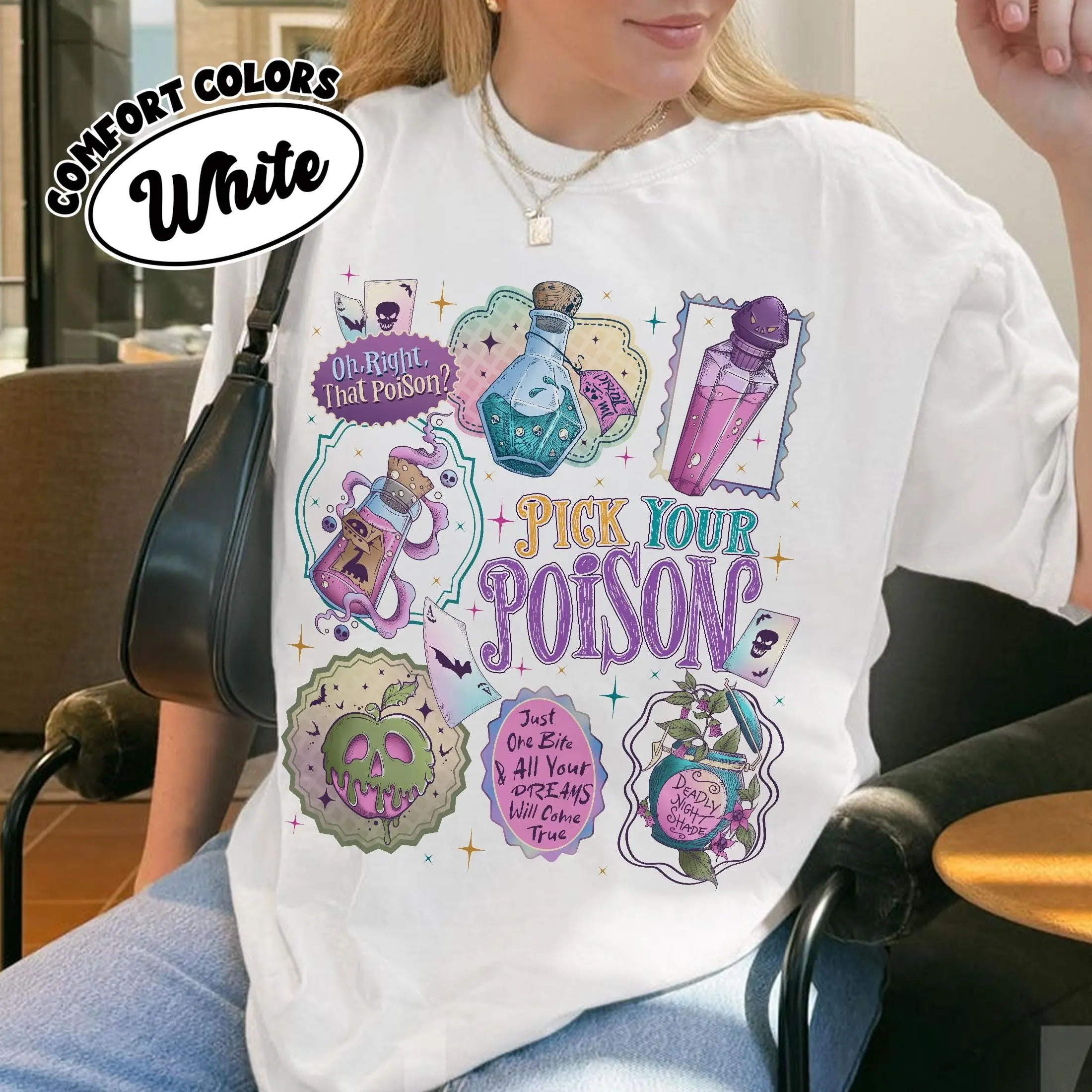 Comfort Colors Pick Your Poison Stamps Shirt, Kuzco Apple Halloween Tee, Vintage Princess Villains Fall Top - photo 4
