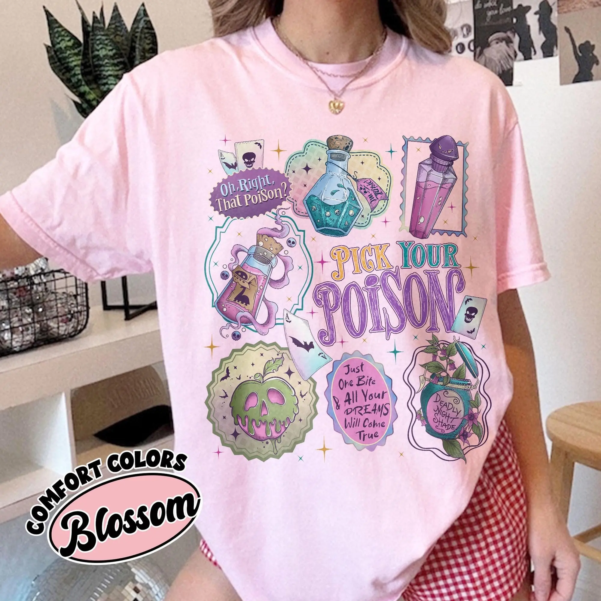 Comfort Colors Pick Your Poison Stamps Shirt, Kuzco Apple Halloween Tee, Vintage Princess Villains Fall Top - photo 5