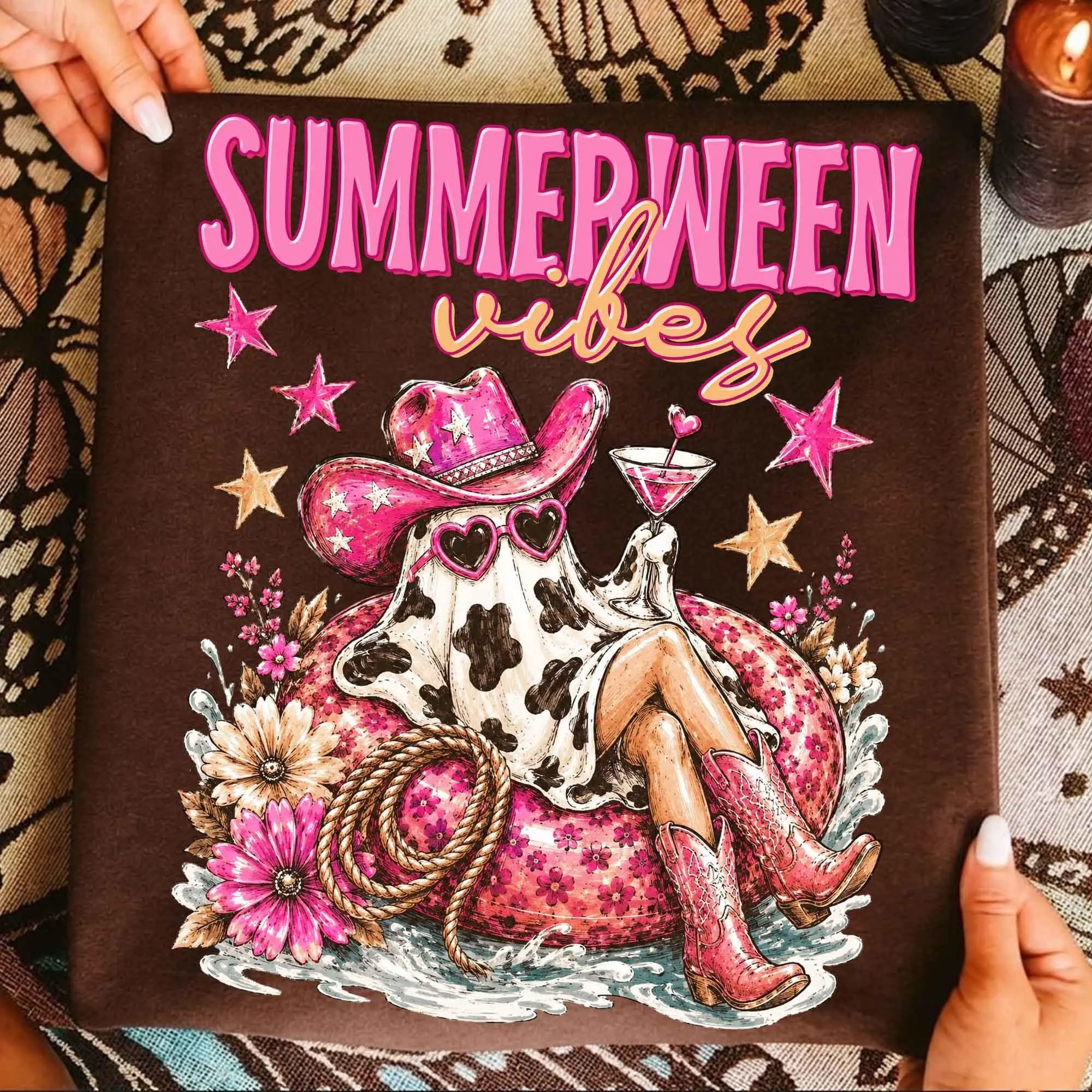 Comfort Colors Pink Cowboy Ghost Summerween Shirt, Spooky Summer Retro Beach Halloween July Tee - photo 2