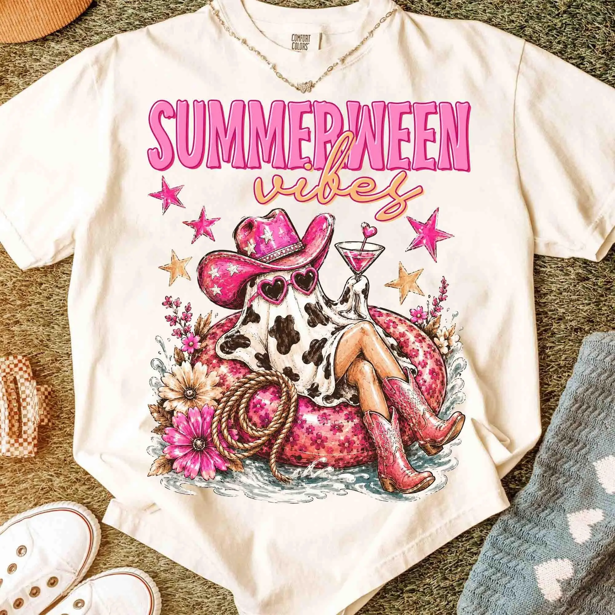 Comfort Colors Pink Cowboy Ghost Summerween Shirt, Spooky Summer Retro Beach Halloween July Tee - photo 3