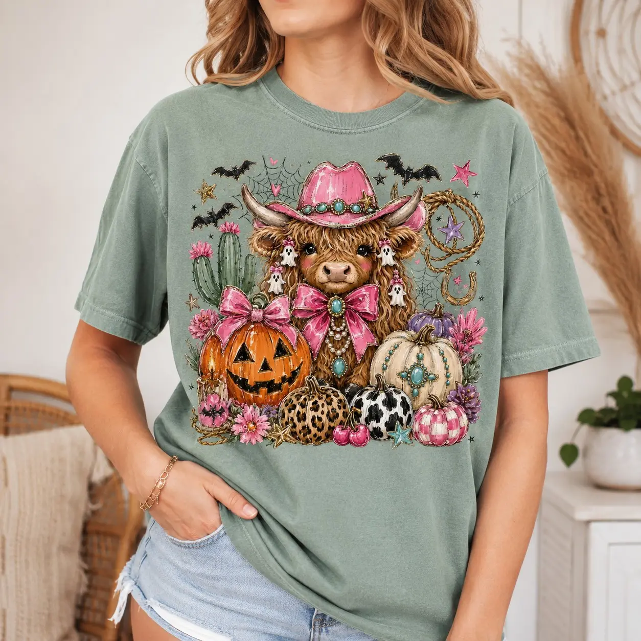 Comfort Colors Pink Cowboy Hat Highland Cow Pumpkin Shirt, Trendy Western Spooky Halloween Fall Daughter Gift