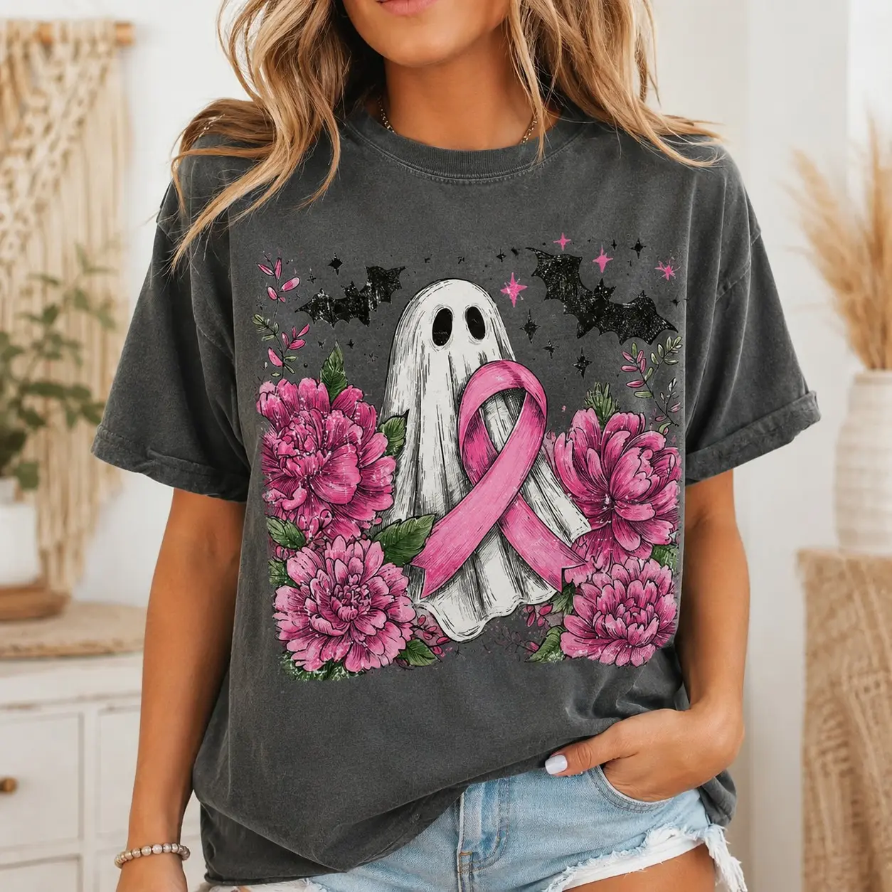Comfort Colors Pink Ribbon Ghost Peony Breast Cancer Awareness Shirt for Women