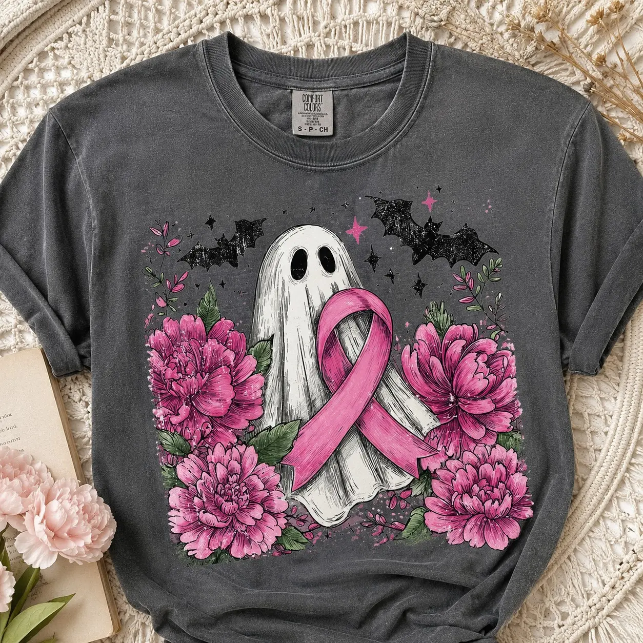 Comfort Colors Pink Ribbon Ghost Peony Breast Cancer Awareness Shirt for Women - photo 2