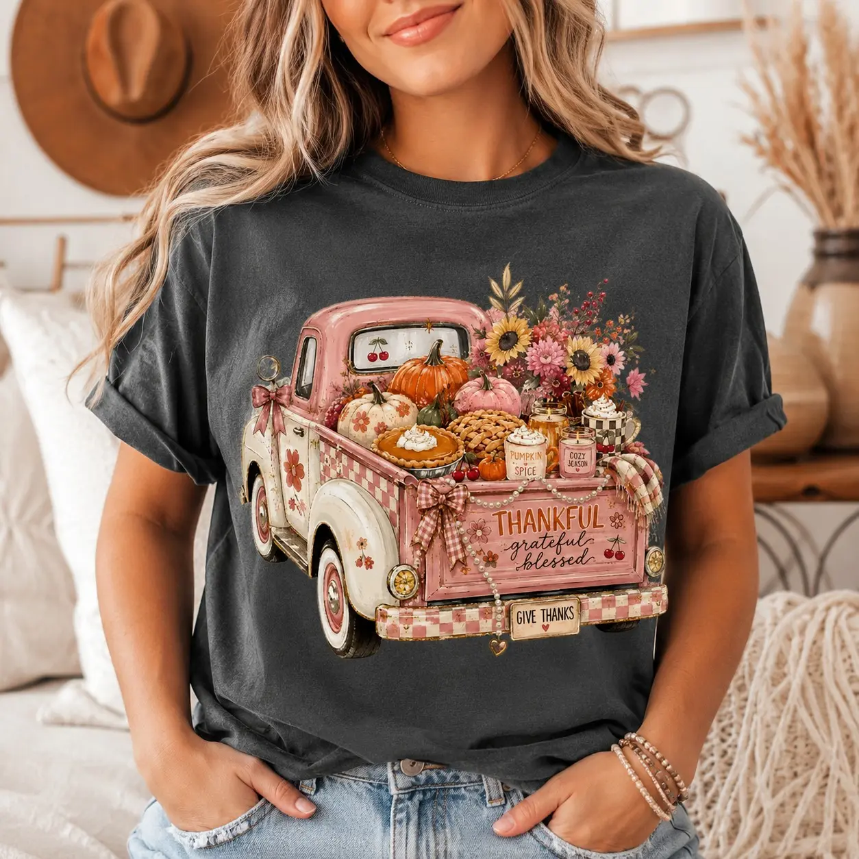 Comfort Colors Pink Vintage Truck Pumpkin Shirt, Rustic Country Fall Thanksgiving Mom Gift Tee