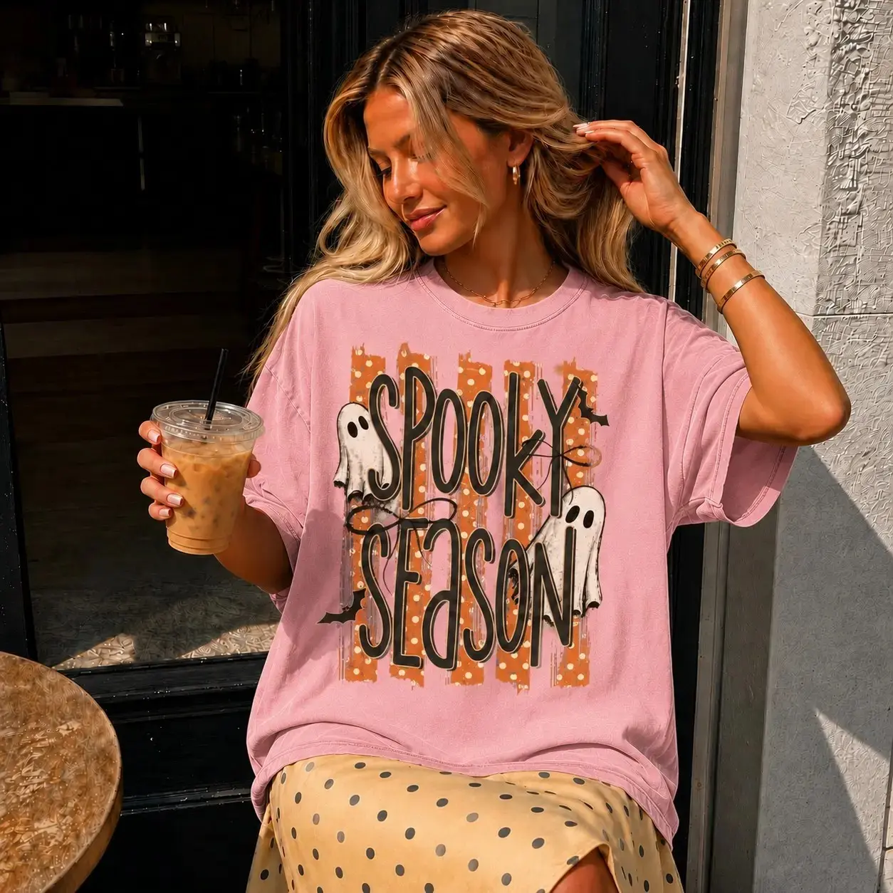 Comfort Colors Polka Dot Spooky Season Shirt, Cute Ghost Bat Oversized Halloween Fall Tee for Her