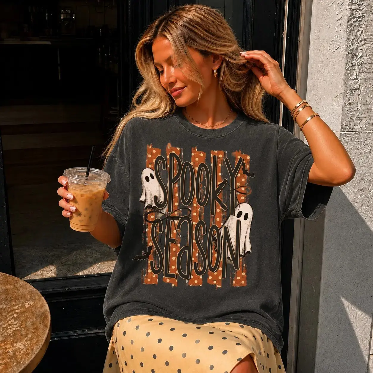 Comfort Colors Polka Dot Spooky Season Shirt, Cute Ghost Bat Oversized Halloween Fall Tee for Her - photo 2