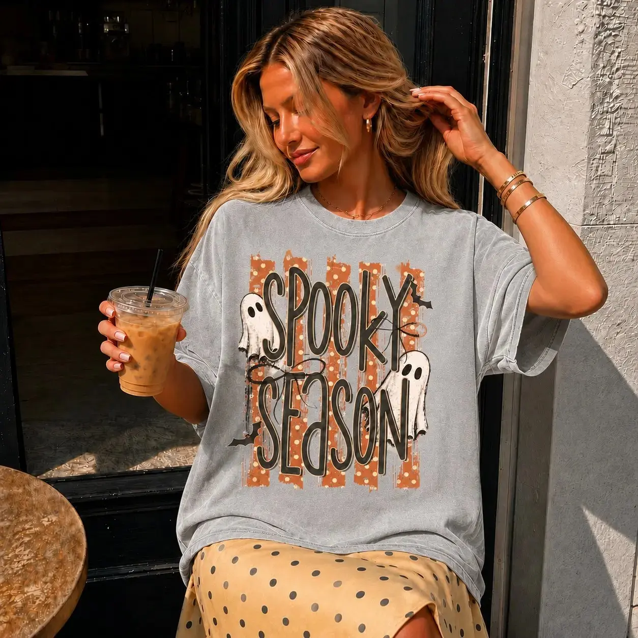 Comfort Colors Polka Dot Spooky Season Shirt, Cute Ghost Bat Oversized Halloween Fall Tee for Her - photo 3