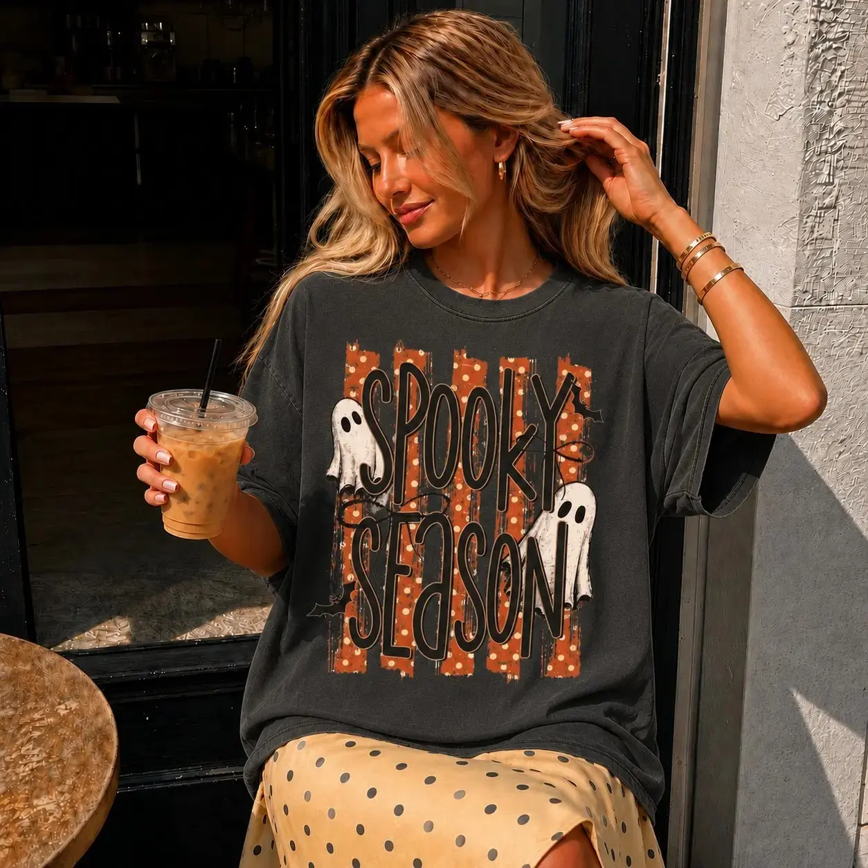 Comfort Colors Polka Dot Spooky Season Shirt, Cute Ghost Bat Oversized Halloween Fall Tee for Her - photo 4
