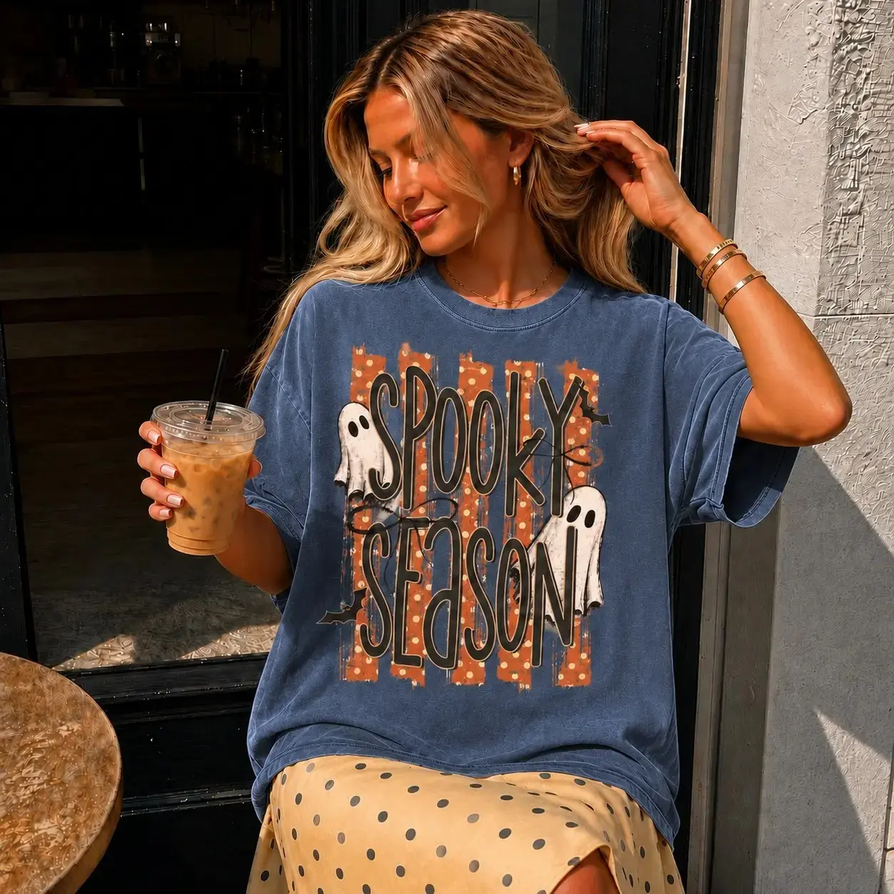Comfort Colors Polka Dot Spooky Season Shirt, Cute Ghost Bat Oversized Halloween Fall Tee for Her - photo 5