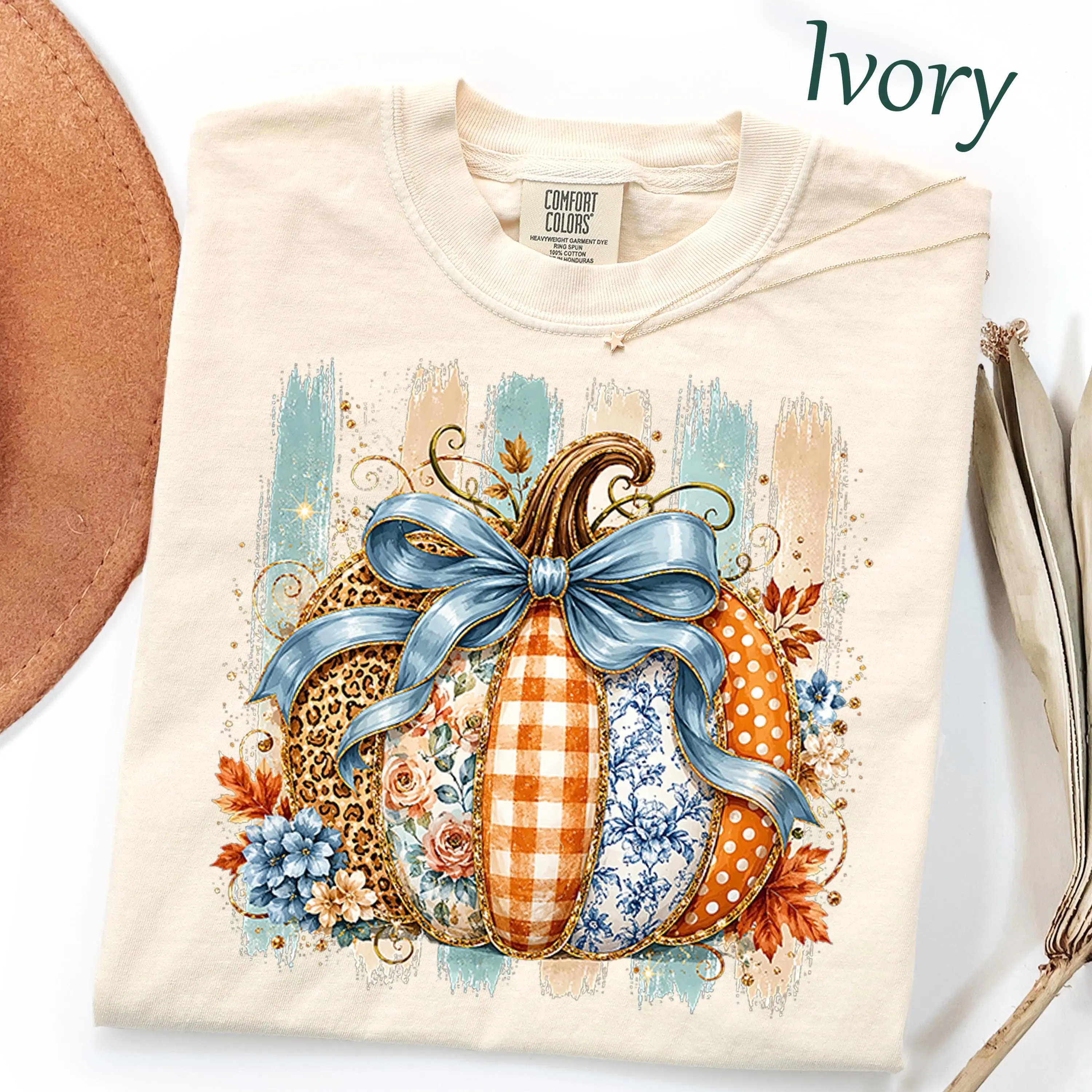 Comfort Colors Preppy Coquette Pumpkin Shirt, Striped Glitter Floral Leopard Plaid Polka Dot Tee, Cozy Autumn Top