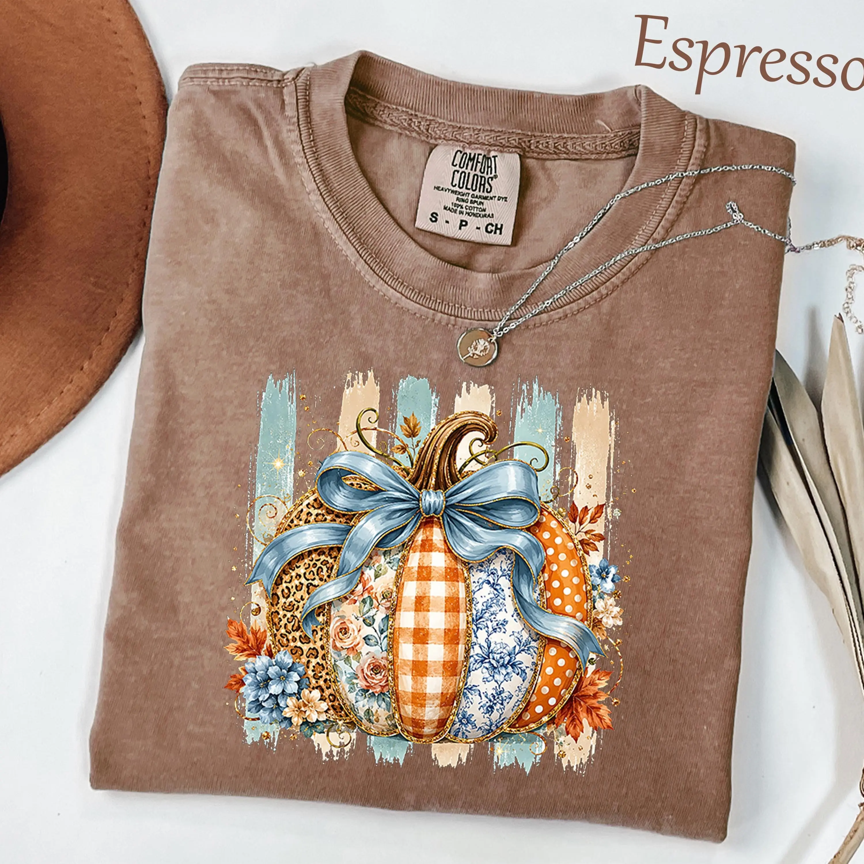 Comfort Colors Preppy Coquette Pumpkin Shirt, Striped Glitter Floral Leopard Plaid Polka Dot Tee, Cozy Autumn Top - photo 2