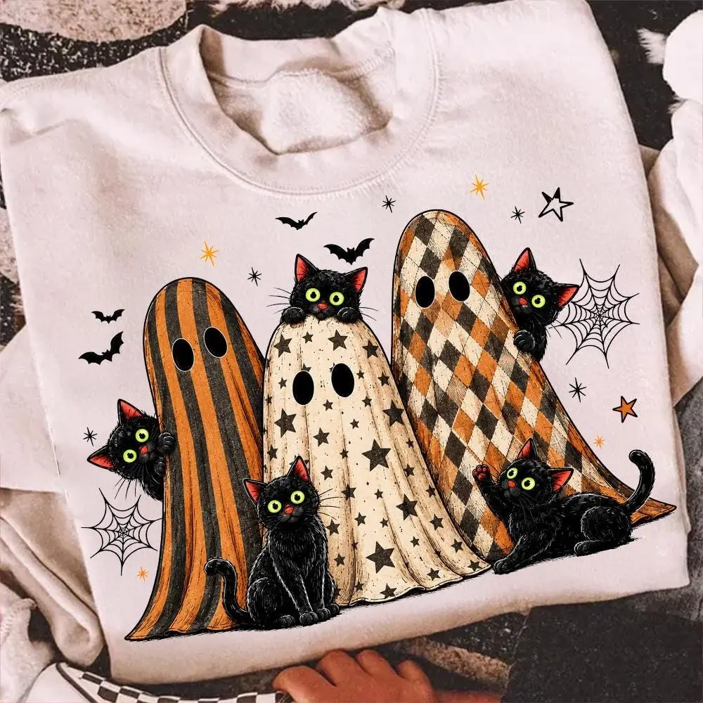 Comfort Colors Preppy Halloween Black Cat Ghost Shirt, Retro Spooky Boo Tee, Cat Lover Season Graphic Top