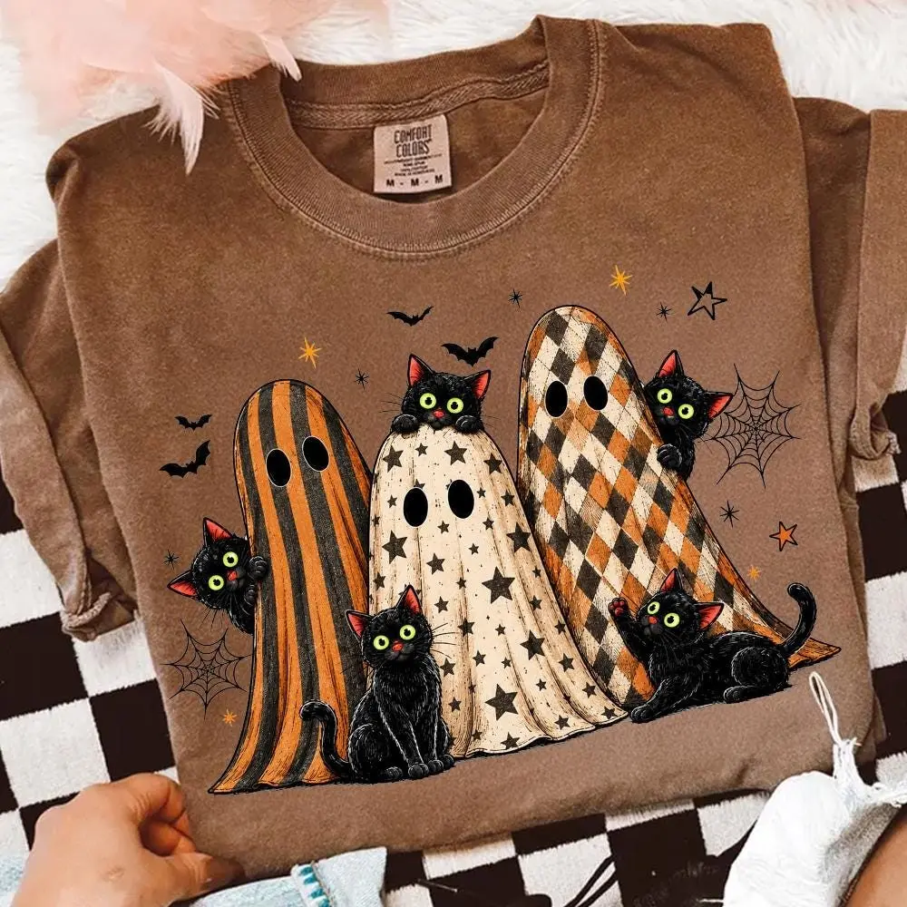 Comfort Colors Preppy Halloween Black Cat Ghost Shirt, Retro Spooky Boo Tee, Cat Lover Season Graphic Top - photo 2