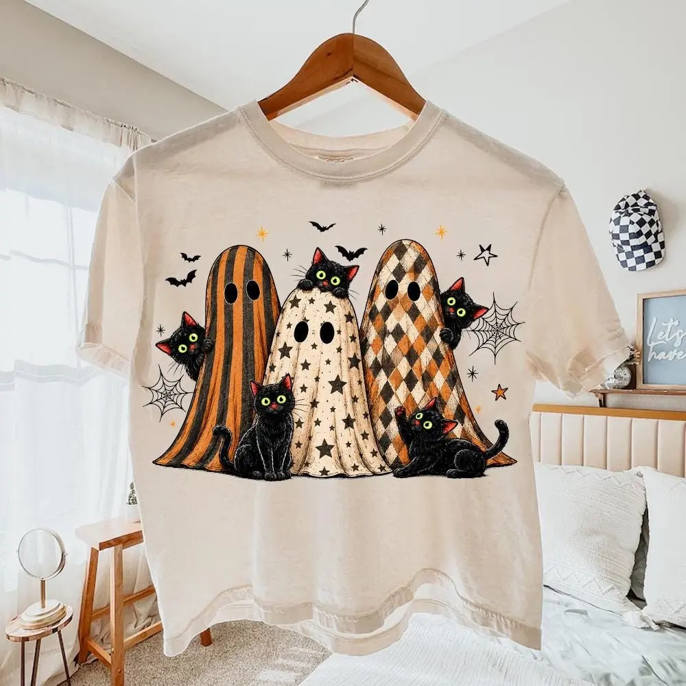 Comfort Colors Preppy Halloween Black Cat Ghost Shirt, Retro Spooky Boo Tee, Cat Lover Season Graphic Top - photo 3