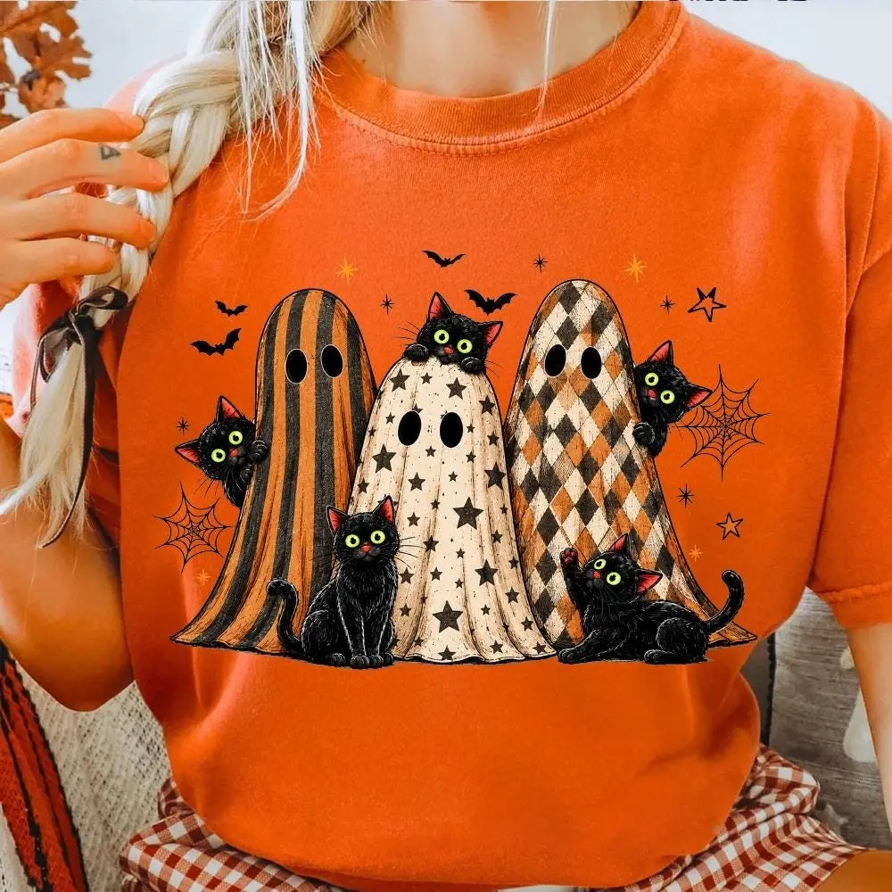 Comfort Colors Preppy Halloween Black Cat Ghost Shirt, Retro Spooky Boo Tee, Cat Lover Season Graphic Top - photo 4