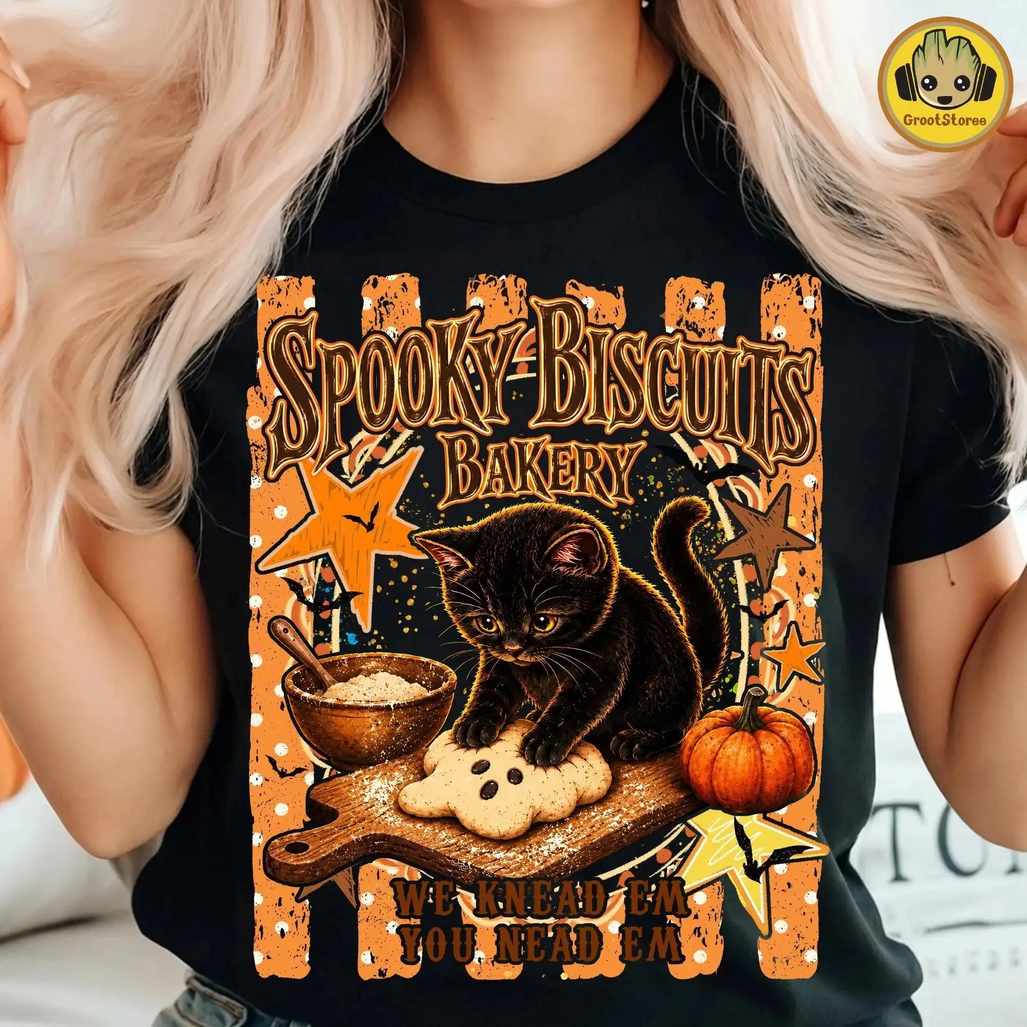 Comfort Colors Preppy Halloween Cat Sweatshirt, Kitty Biscuits Pumpkin Baking Graphic Top, Black Cat Spooky Season Fall