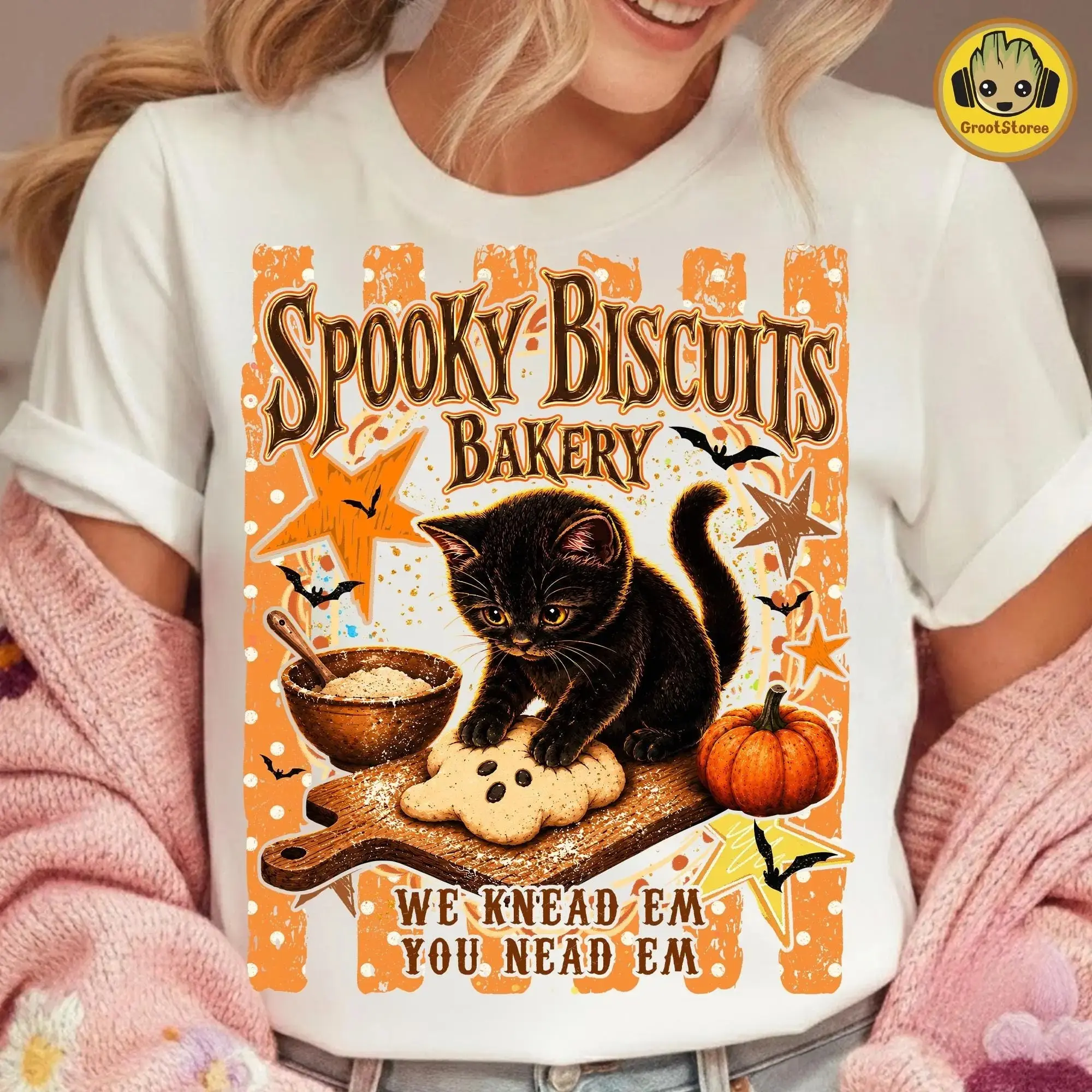 Comfort Colors Preppy Halloween Cat Sweatshirt, Kitty Biscuits Pumpkin Baking Graphic Top, Black Cat Spooky Season Fall - photo 2