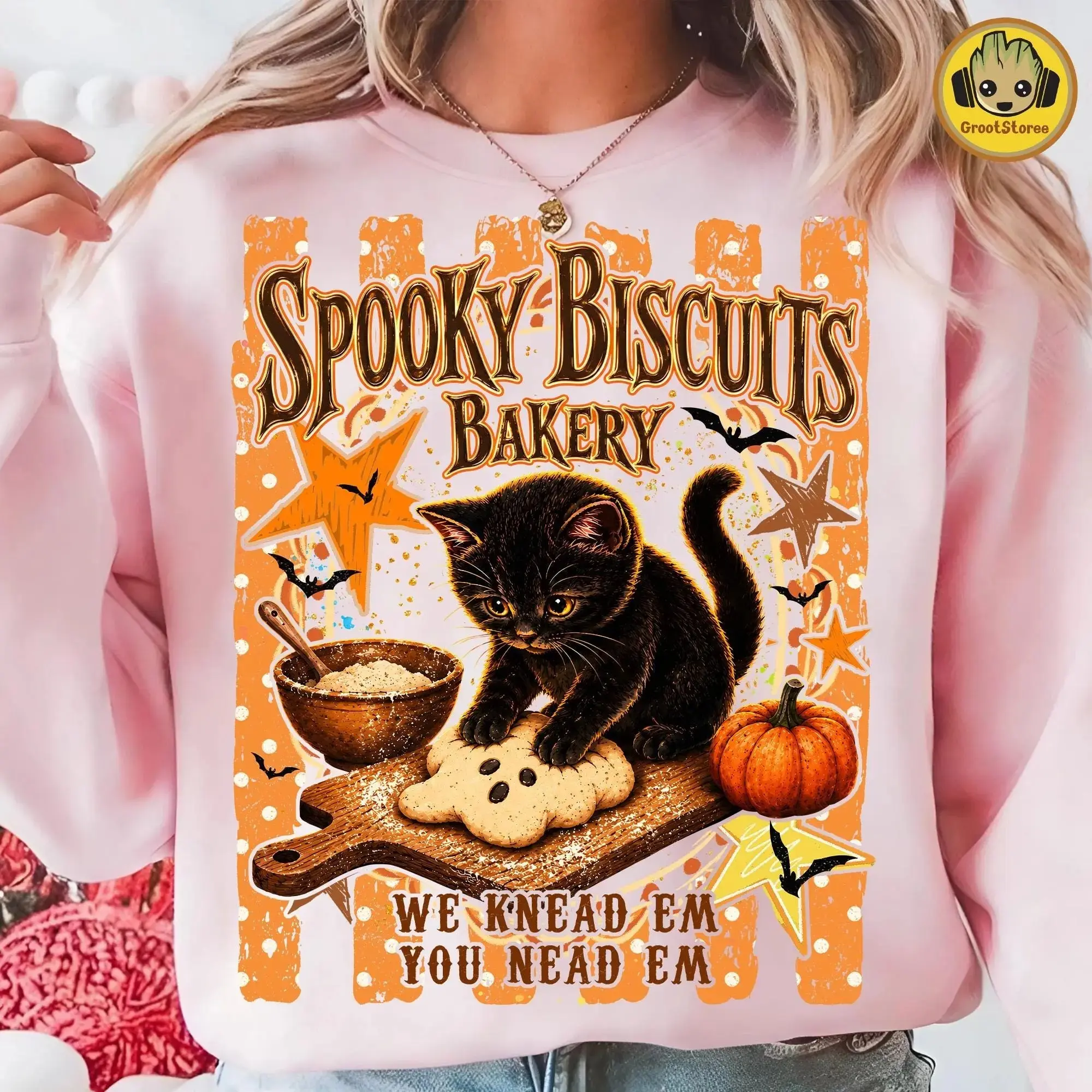 Comfort Colors Preppy Halloween Cat Sweatshirt, Kitty Biscuits Pumpkin Baking Graphic Top, Black Cat Spooky Season Fall - photo 3