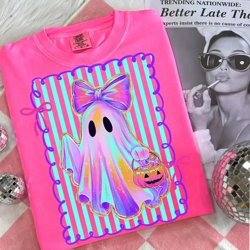 Comfort Colors Preppy Boo Ghost Halloween Shirt, Cute Coquette Floral Pumpkin Spooky Season Tee