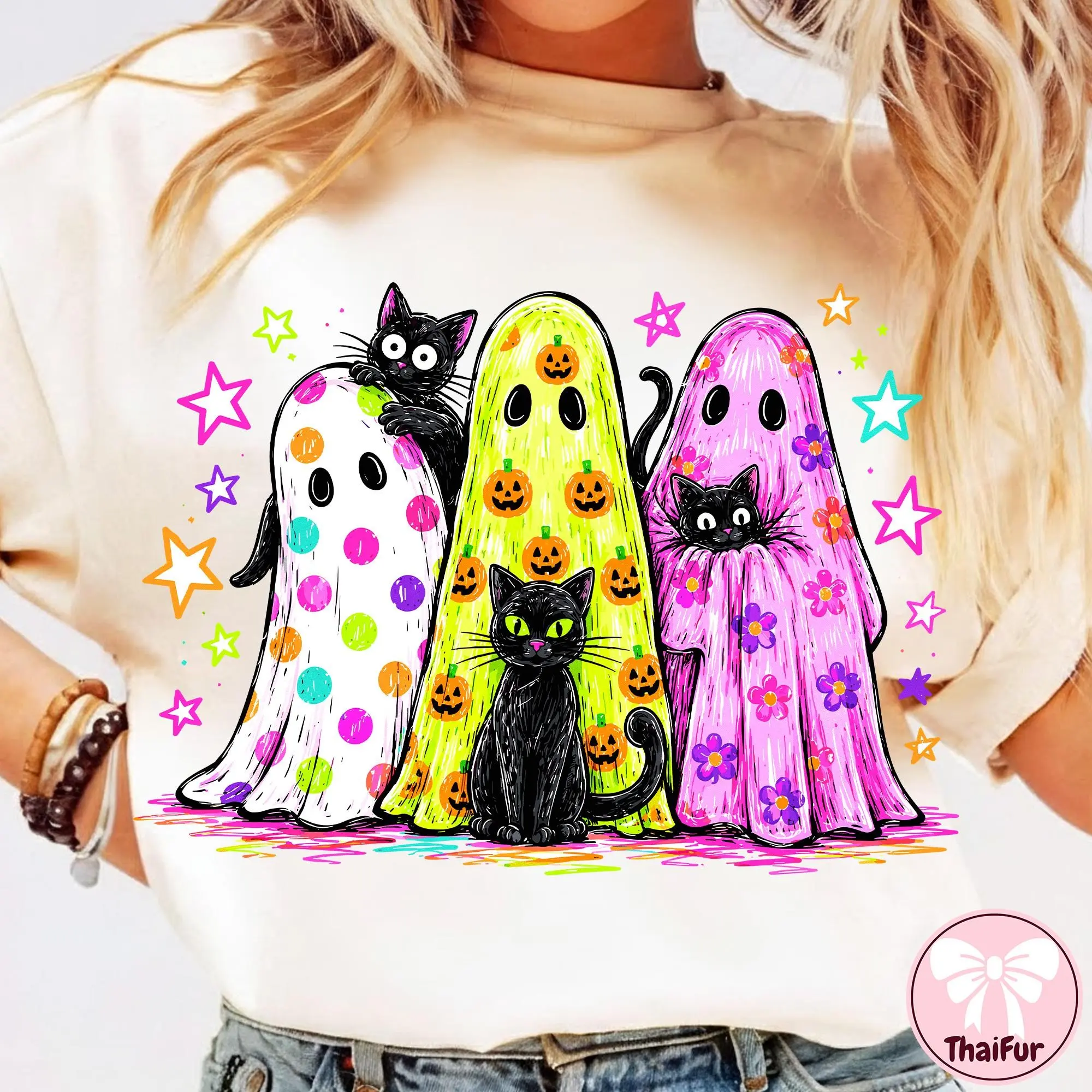 Comfort Colors Preppy Halloween Ghost Black Cat T-Shirt, Colorful Leopard Print Glitter Cute Girly Fall Tee - photo 2