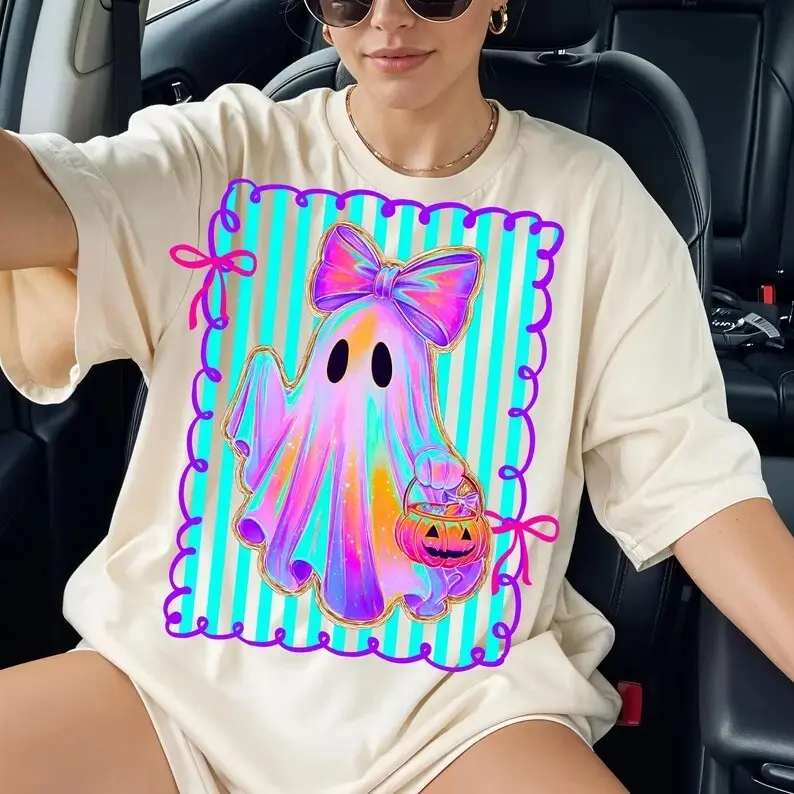 Comfort Colors Preppy Boo Ghost Halloween Shirt, Cute Coquette Floral Pumpkin Spooky Season Tee - photo 3
