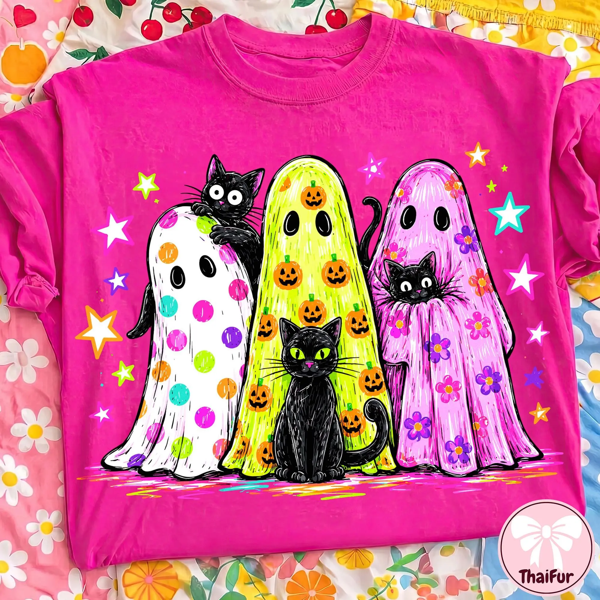 Comfort Colors Preppy Halloween Ghost Black Cat T-Shirt, Colorful Leopard Print Glitter Cute Girly Fall Tee - photo 3