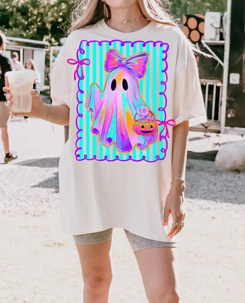 Comfort Colors Preppy Boo Ghost Halloween Shirt, Cute Coquette Floral Pumpkin Spooky Season Tee - photo 4