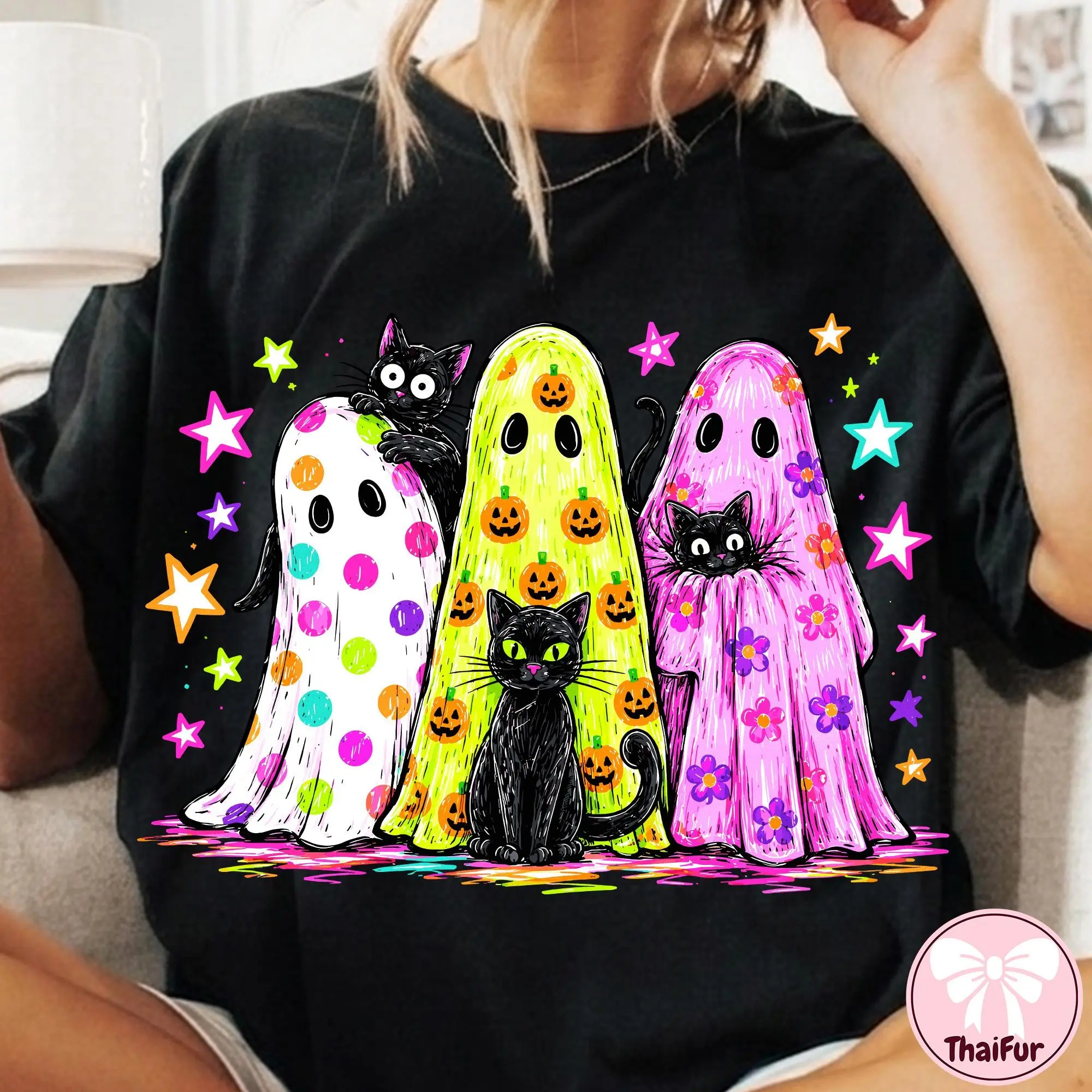 Comfort Colors Preppy Halloween Ghost Black Cat T-Shirt, Colorful Leopard Print Glitter Cute Girly Fall Tee - photo 5