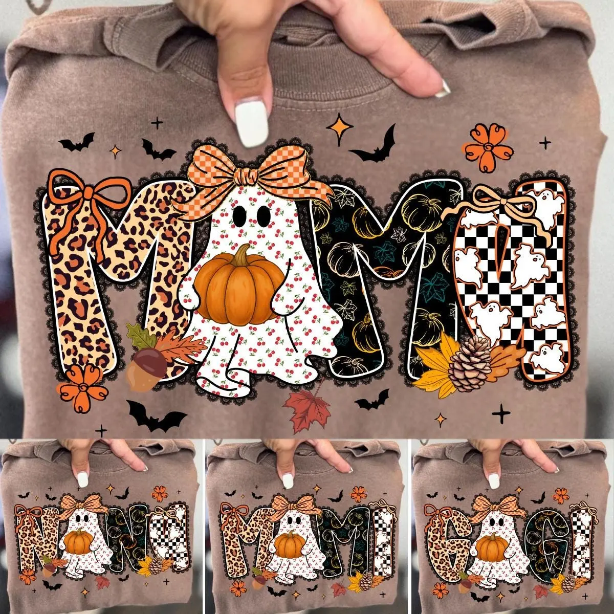Comfort Colors Preppy Halloween Mama Mimi Nana Gigi Shirt, Ghost Pumpkin Cherries Tee, Girly Leopard Fall Autumn Top