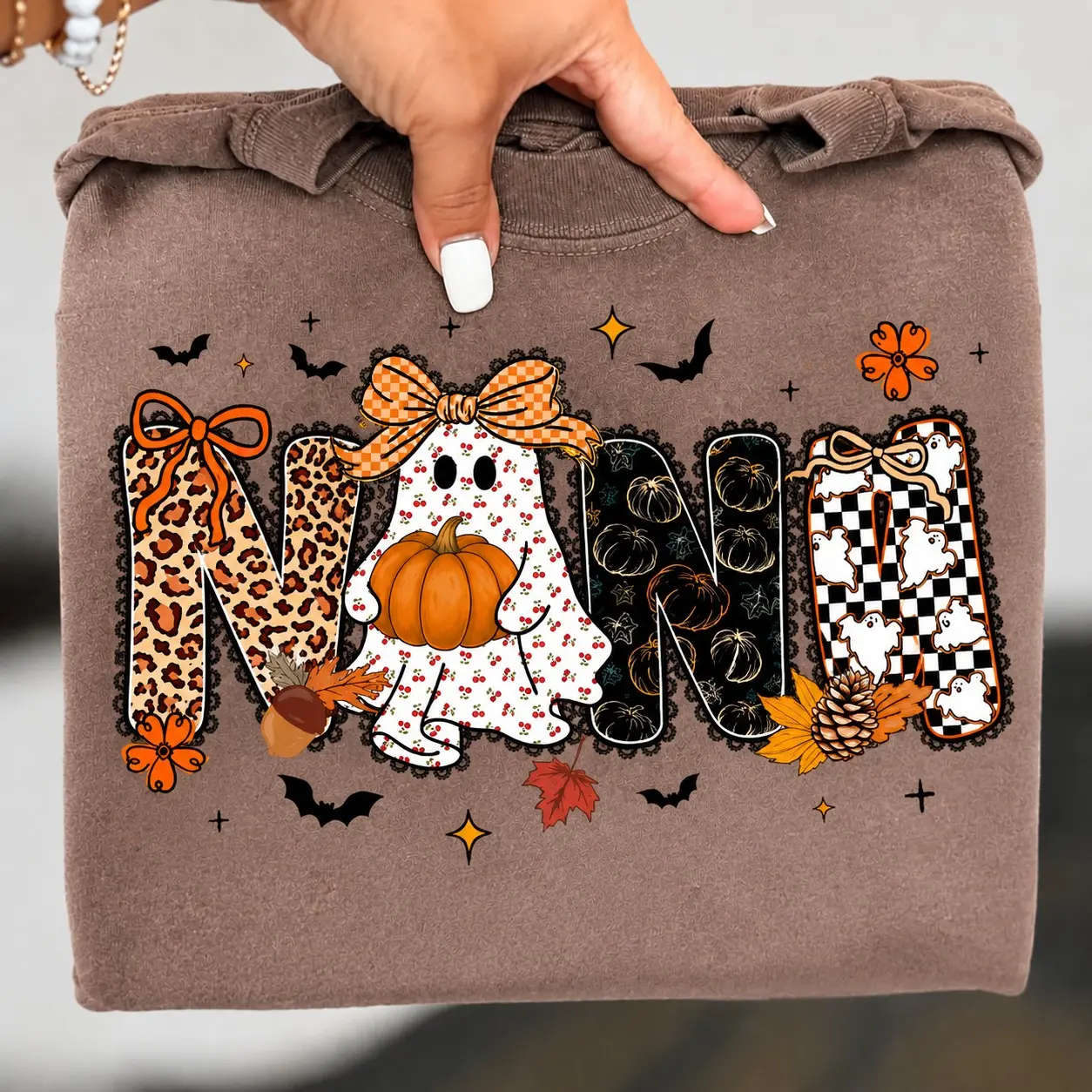 Comfort Colors Preppy Halloween Mama Mimi Nana Gigi Shirt, Ghost Pumpkin Cherries Tee, Girly Leopard Fall Autumn Top - photo 4